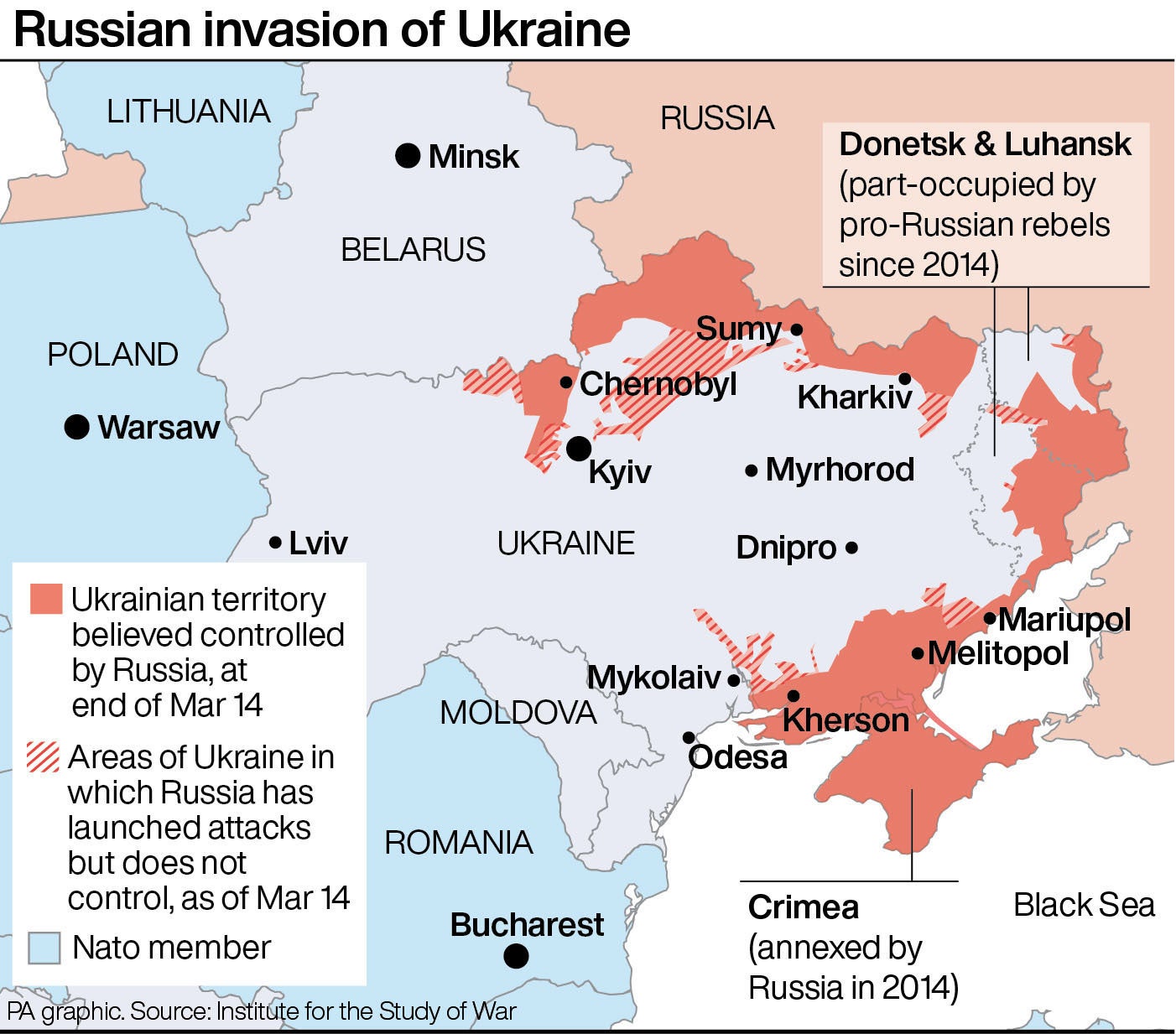 This map shows the extent of Russia’s invasion of Ukraine