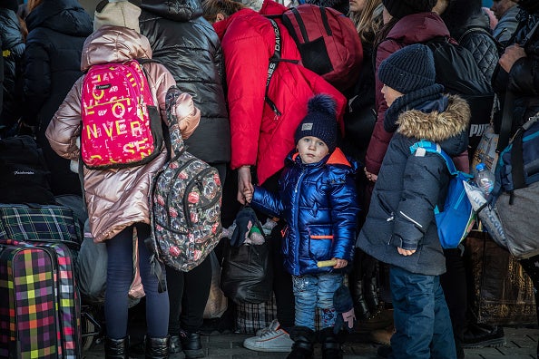 Displaced Ukrainians board a train in Przemysl, Poland