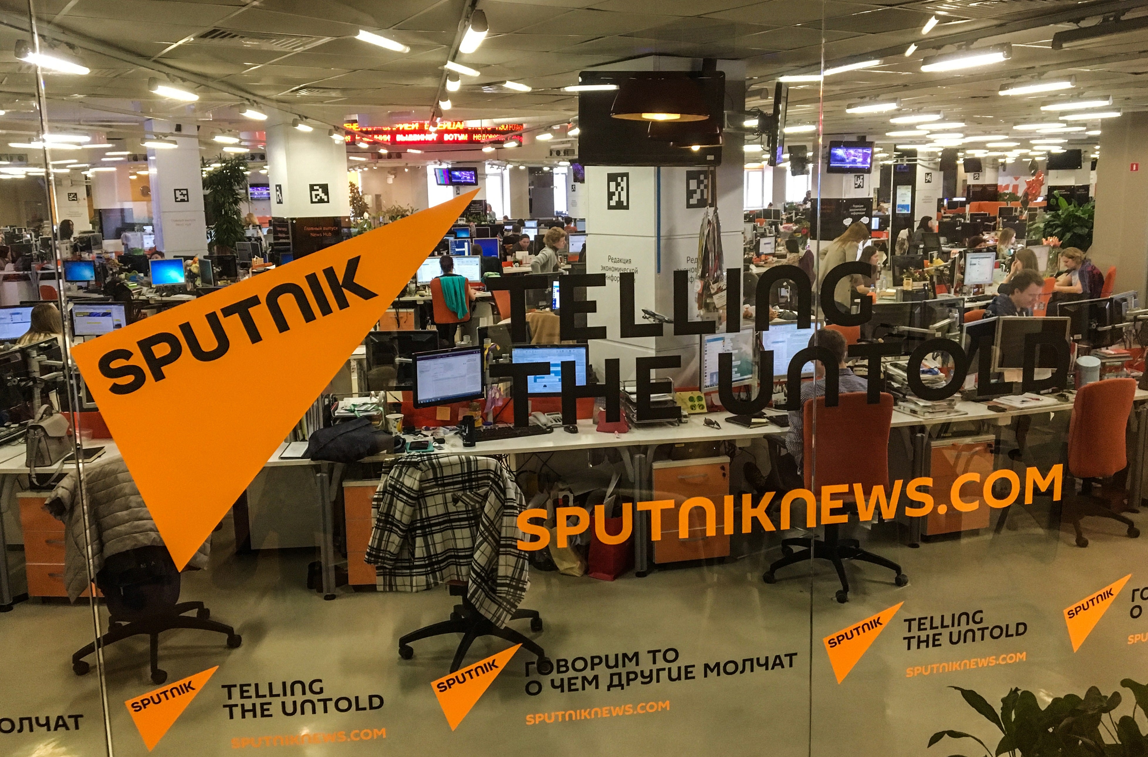 The main newsroom of Sputnik news, part of the state-run media group Russia Today