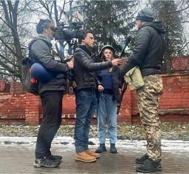 A photo shared by Fox News showing Oleksandra ‘Sasha’ Kuvshynova with Trey Yingst and Pierre Zakrzewski