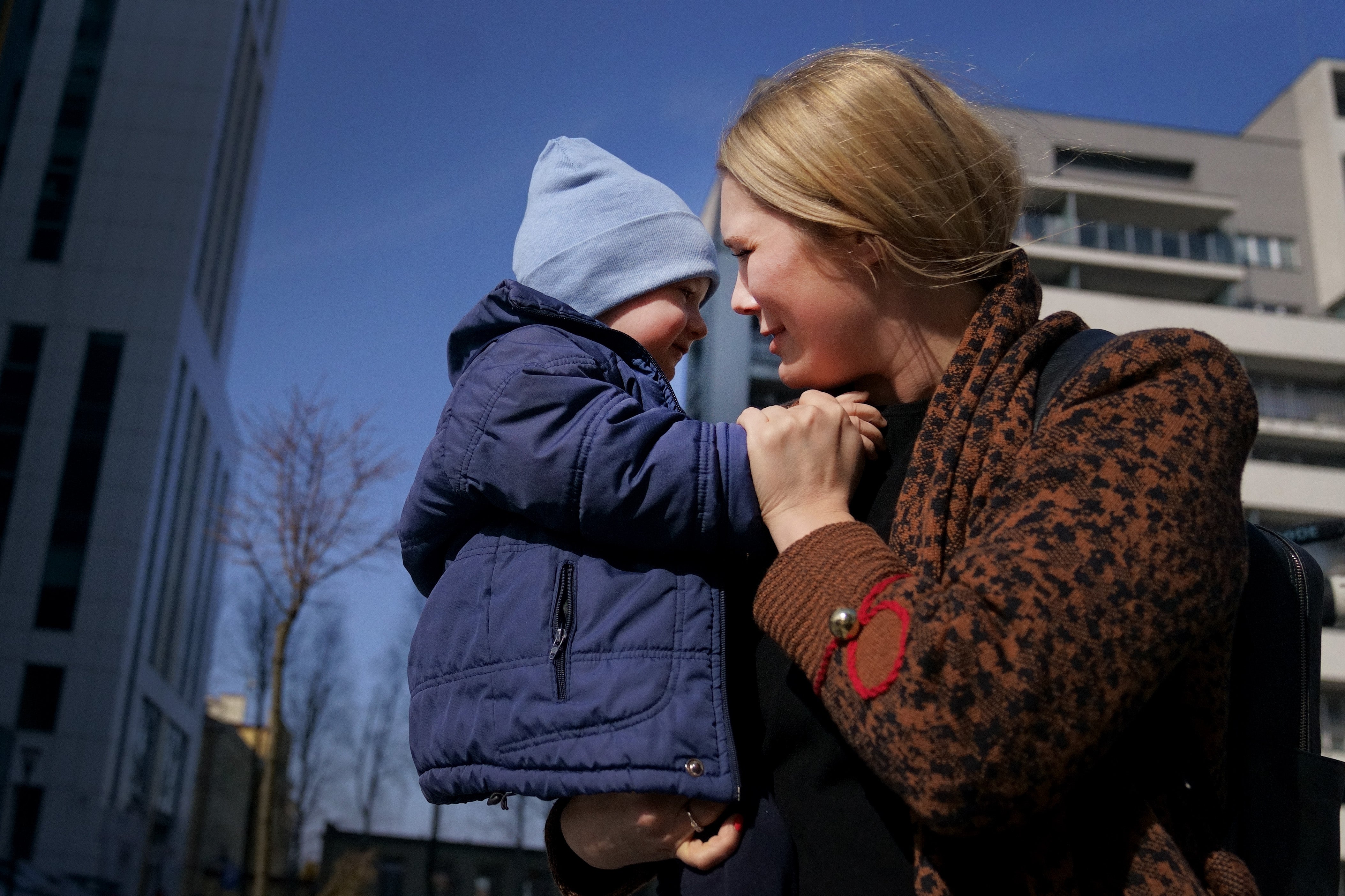 Reunited with her son in Rzeszow, Poland, after her extended family fled the war in Ukraine