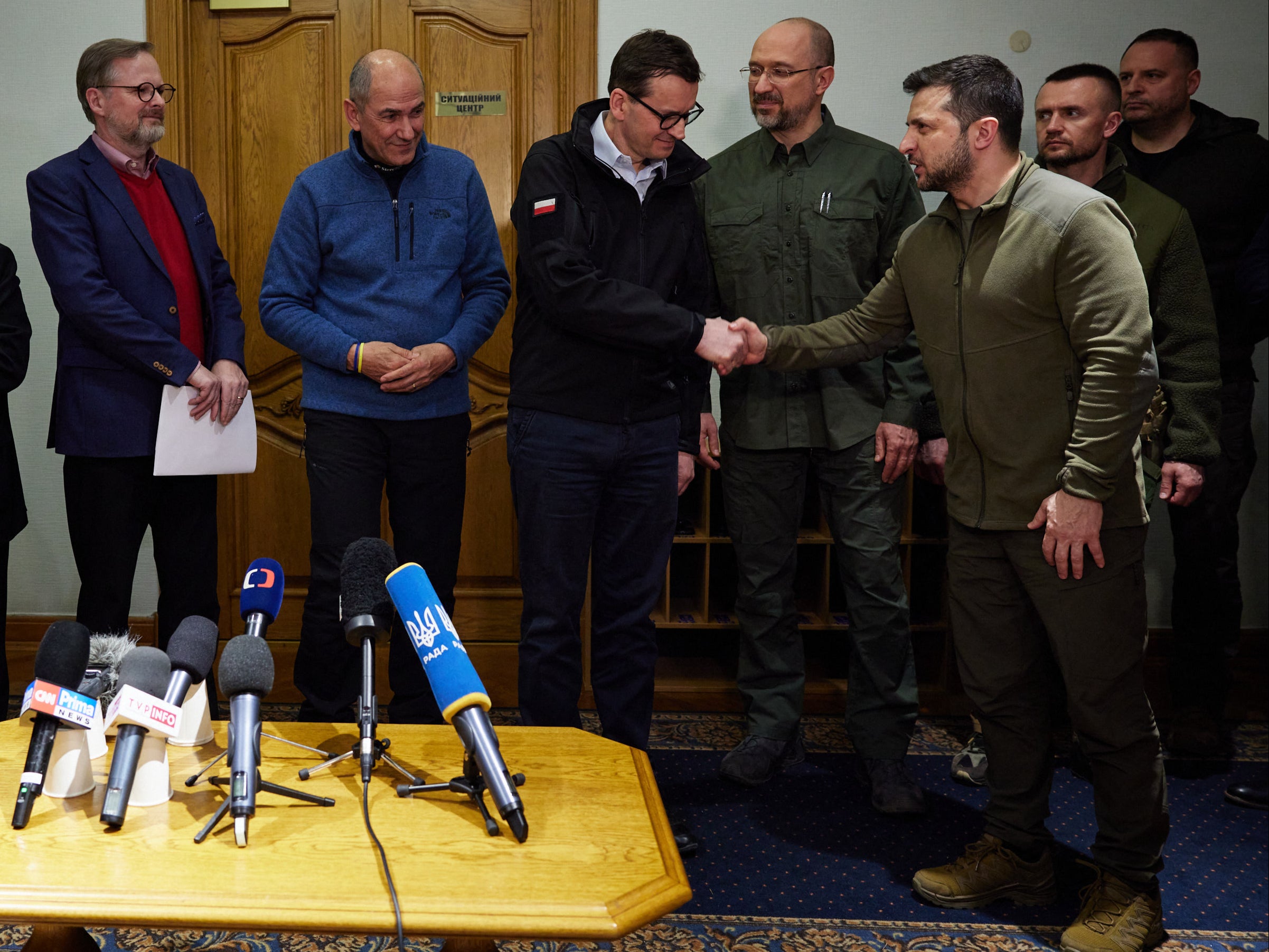 Ukrainian President Volodymyr Zelensky, Polish Prime Minister Mateusz Morawiecki and Deputy Prime Minister Jaroslaw Kaczynski, Czech Prime Minister Petr Fiala and Slovenian Prime Minister Janez Jansa