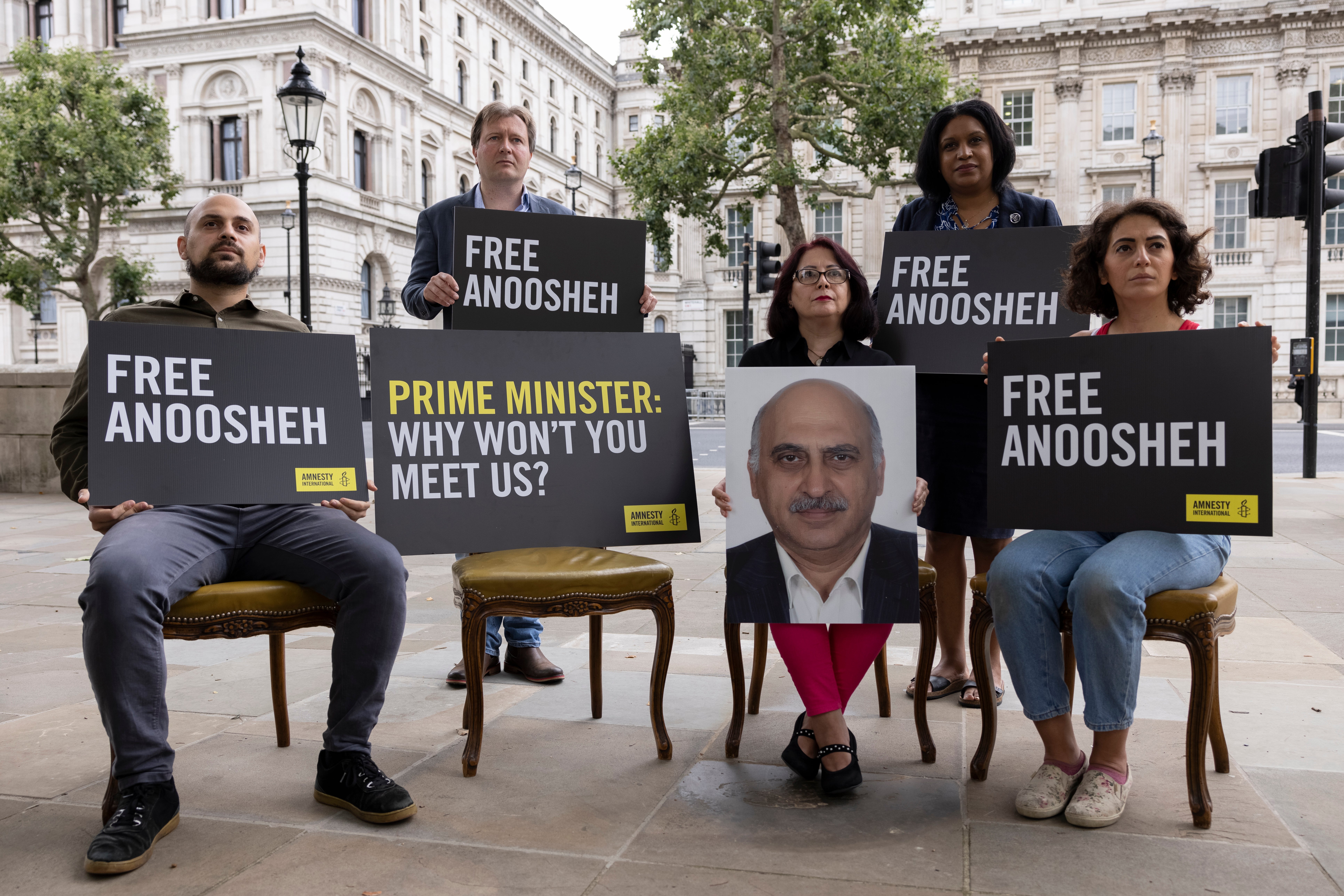 The family of Mr Ashoori, including his wife wife Sherry Izadi, his daughter, Elika, and his son, Aryan, staged a protested opposite Downing Street on August 13, 2021.