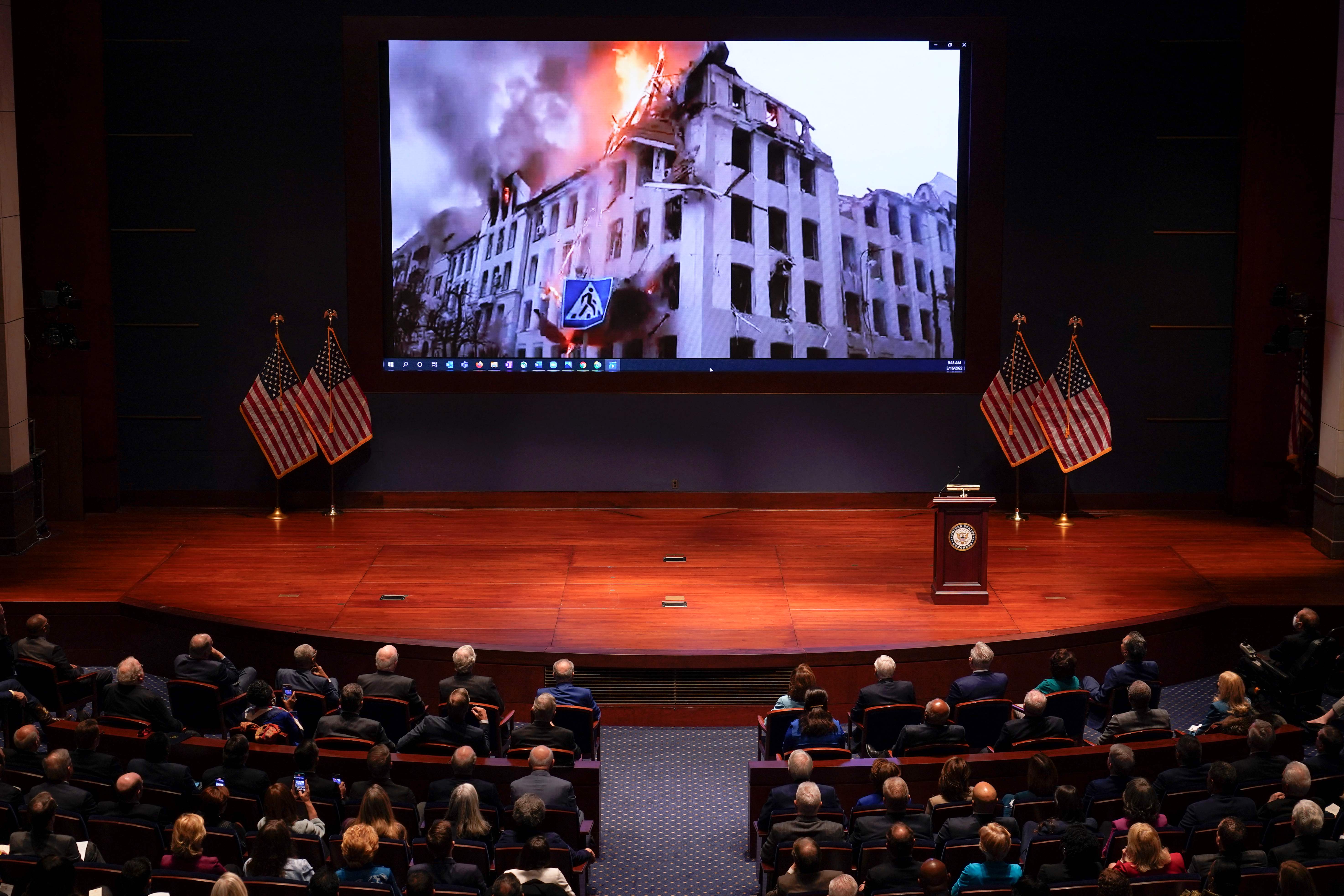 Zelensky played a heartbreaking video showing some of the atrocities carried out on the Ukrainian people