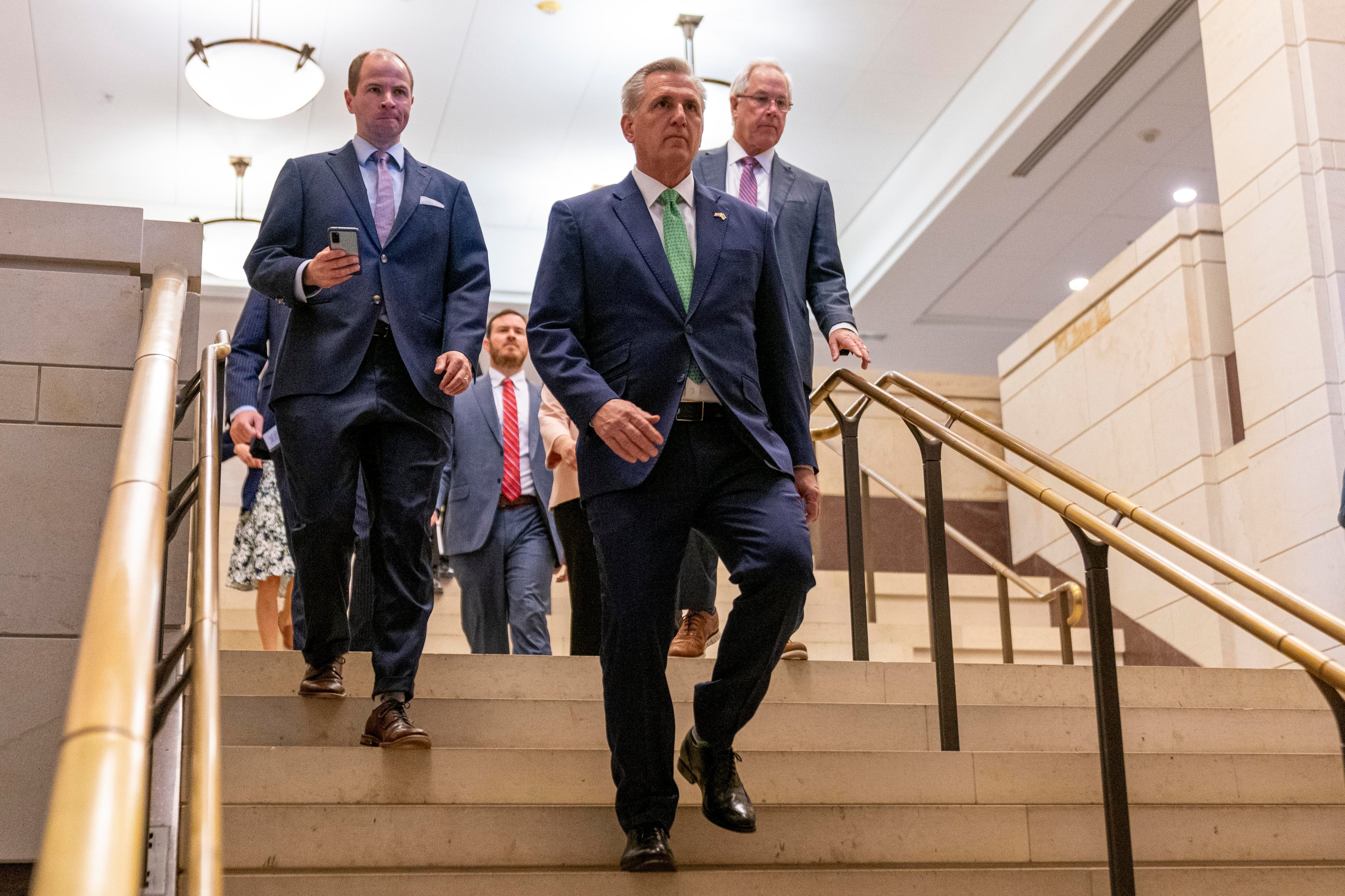 House Minority Leader Kevin McCarthy of Calif. arrives prior to Ukrainian President Volodymyr Zelenskyy virtually addressing Congress in the Congressional Auditorium in the Capitol Hill Visitors Center on Capitol Hill in Washington, Wednesday, March 16, 2022. (AP Photo/Andrew Harnik)