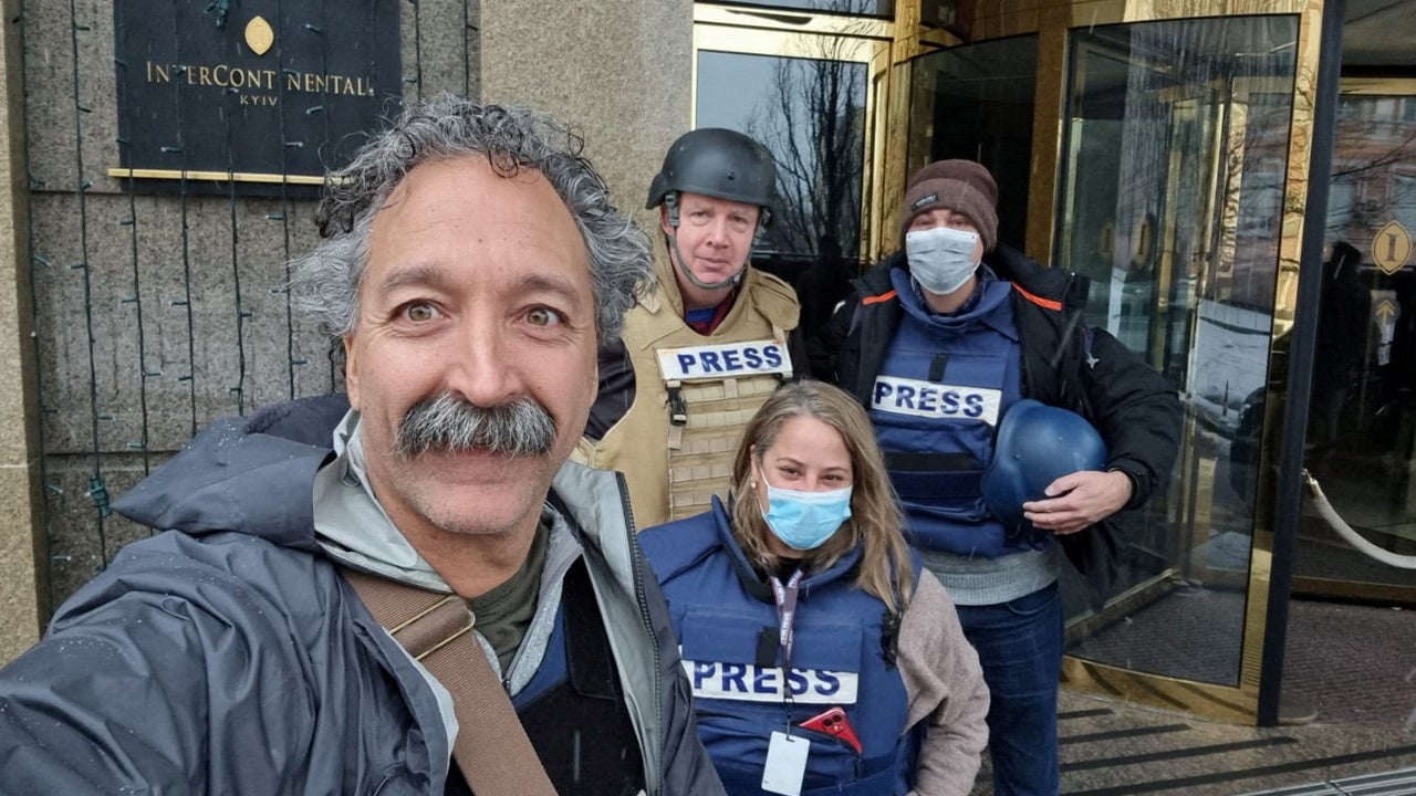 Fox News cameraman Pierre Zakrzewski poses for a selfie with colleagues in Kyiv in undated photo