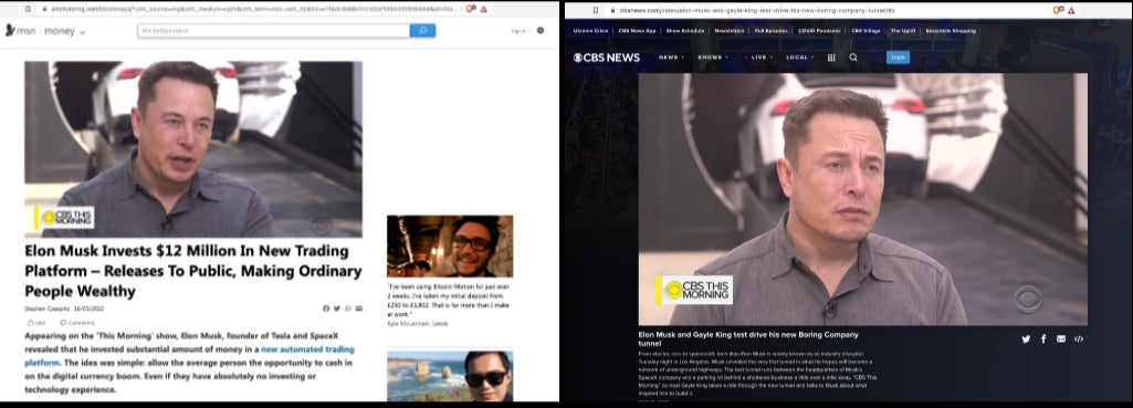 On the left, the scam website; on the right, the genuine CBS interview from 2018
