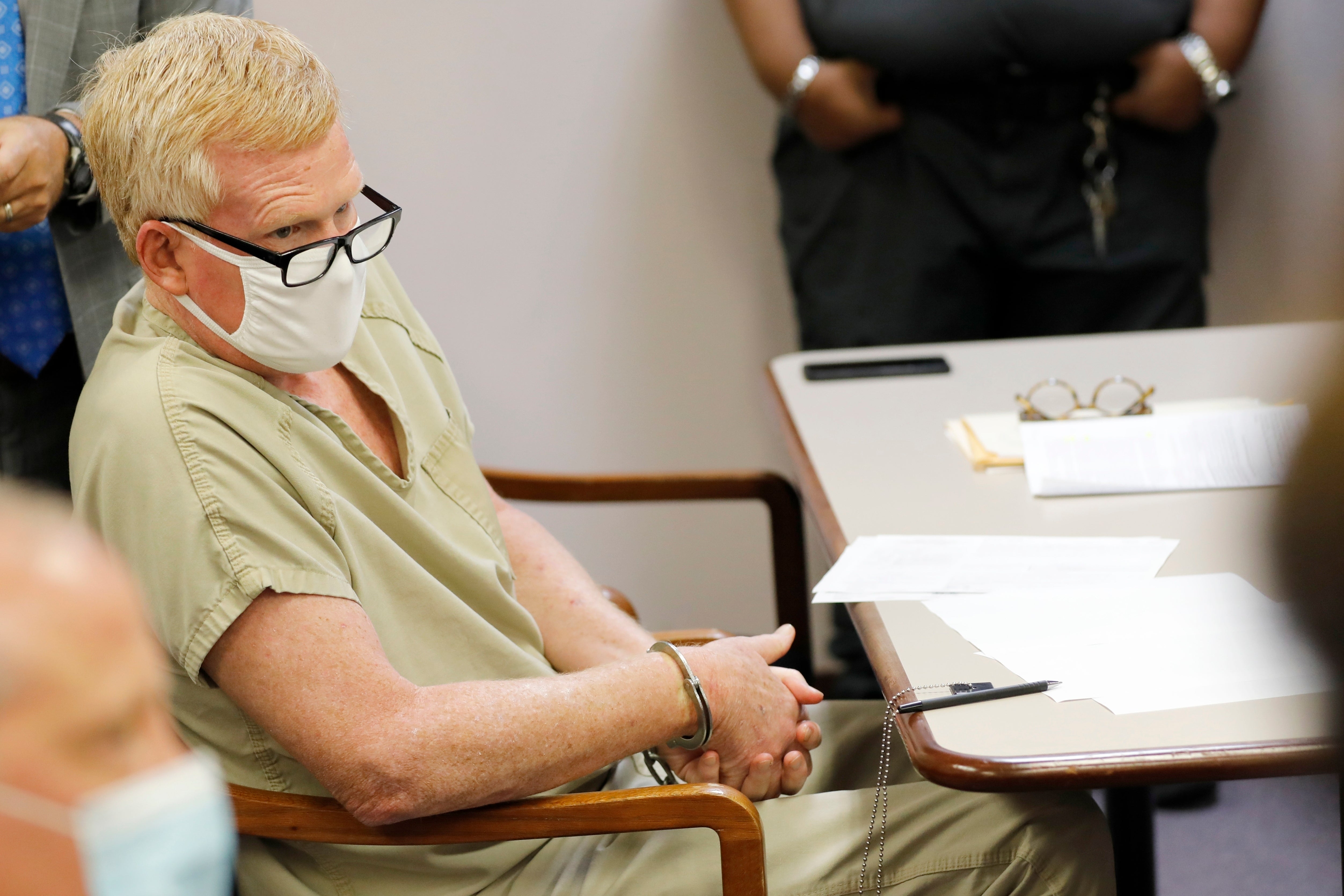 In this Sept. 16, 2021 file photo, Alex Murdaugh sits during his bond hearing, in Varnville, SC