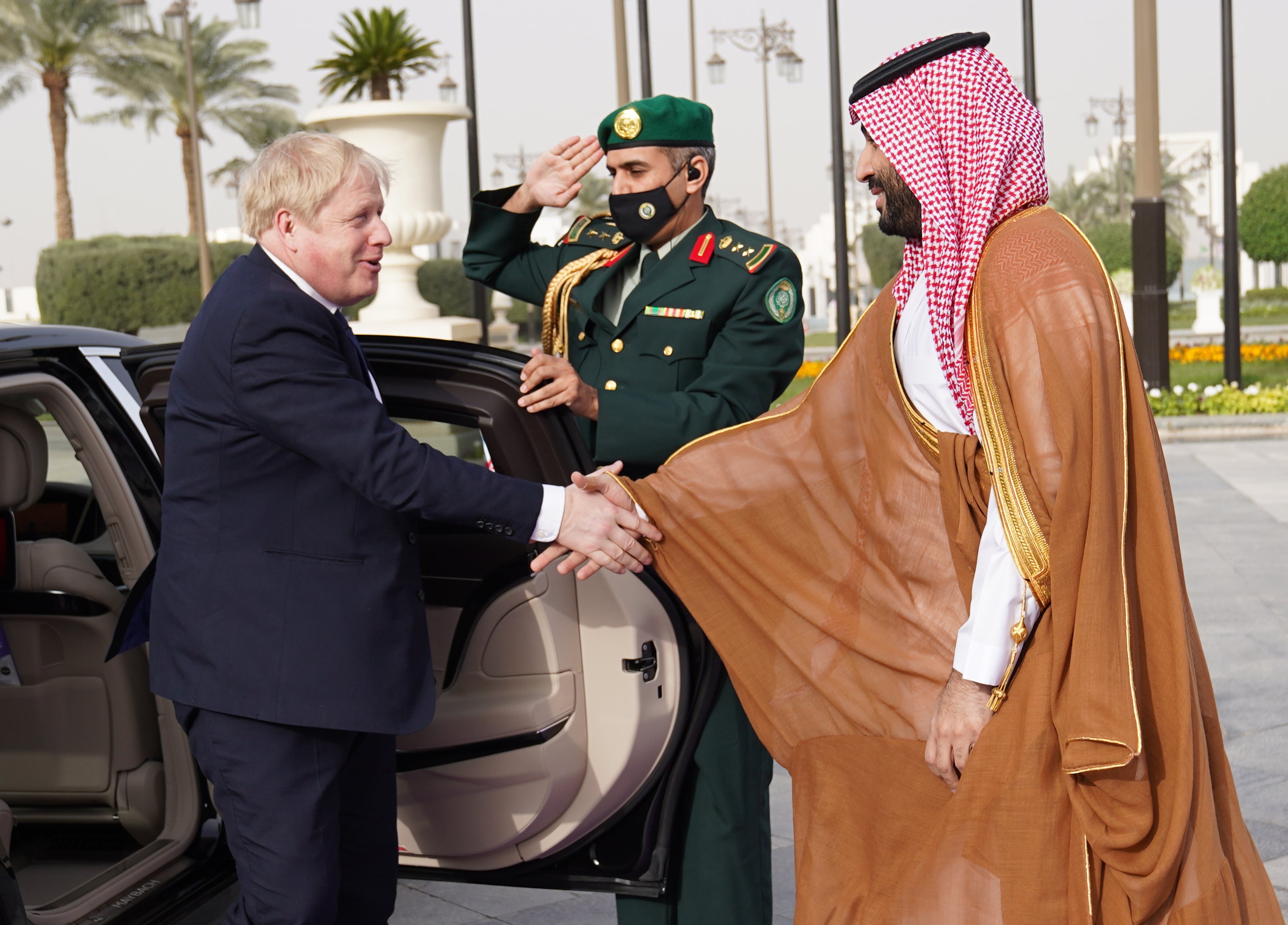 Boris Johnson is welcomed by Mohammed bin Salman (Stefan Rousseau/PA)