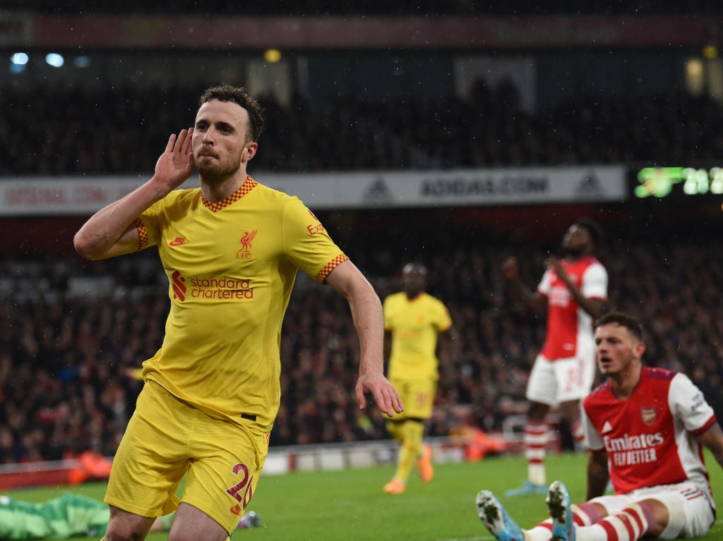 Diogo Jota of Liverpool celebrates after scoring the first goal