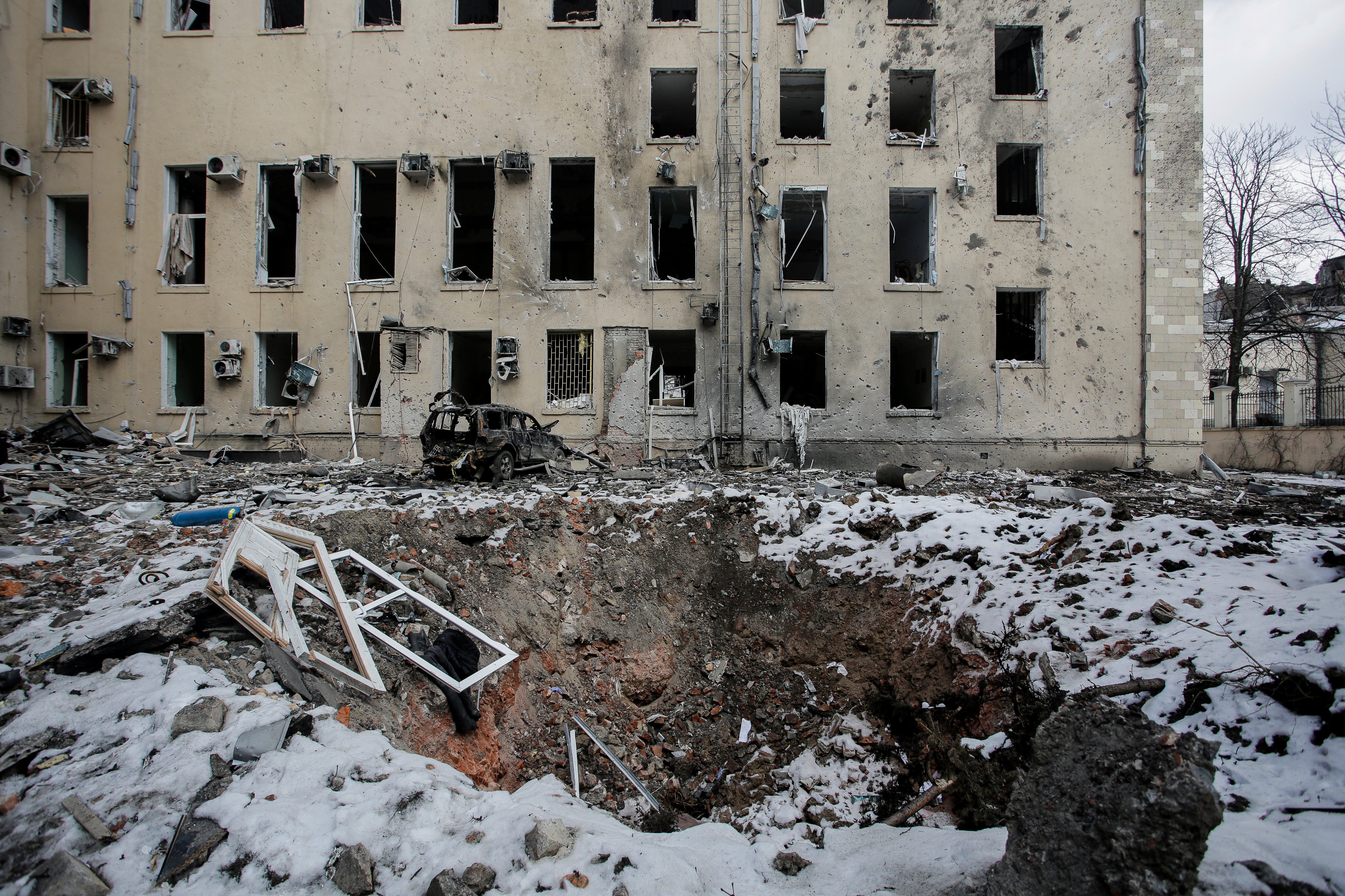 A view of a bomb crater after Russian shelling in the city of Kharkiv, Ukraine on 16 March