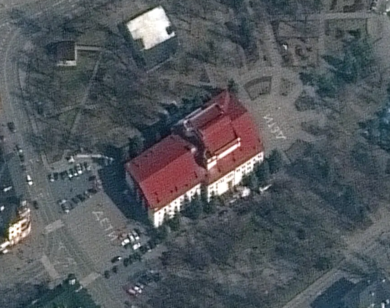 Satellite imagery shows a destroyed theatre in Mariupol, Ukraine, where civilians were sheltering had the word ‘children’ written in Russian on the pavement outside the building