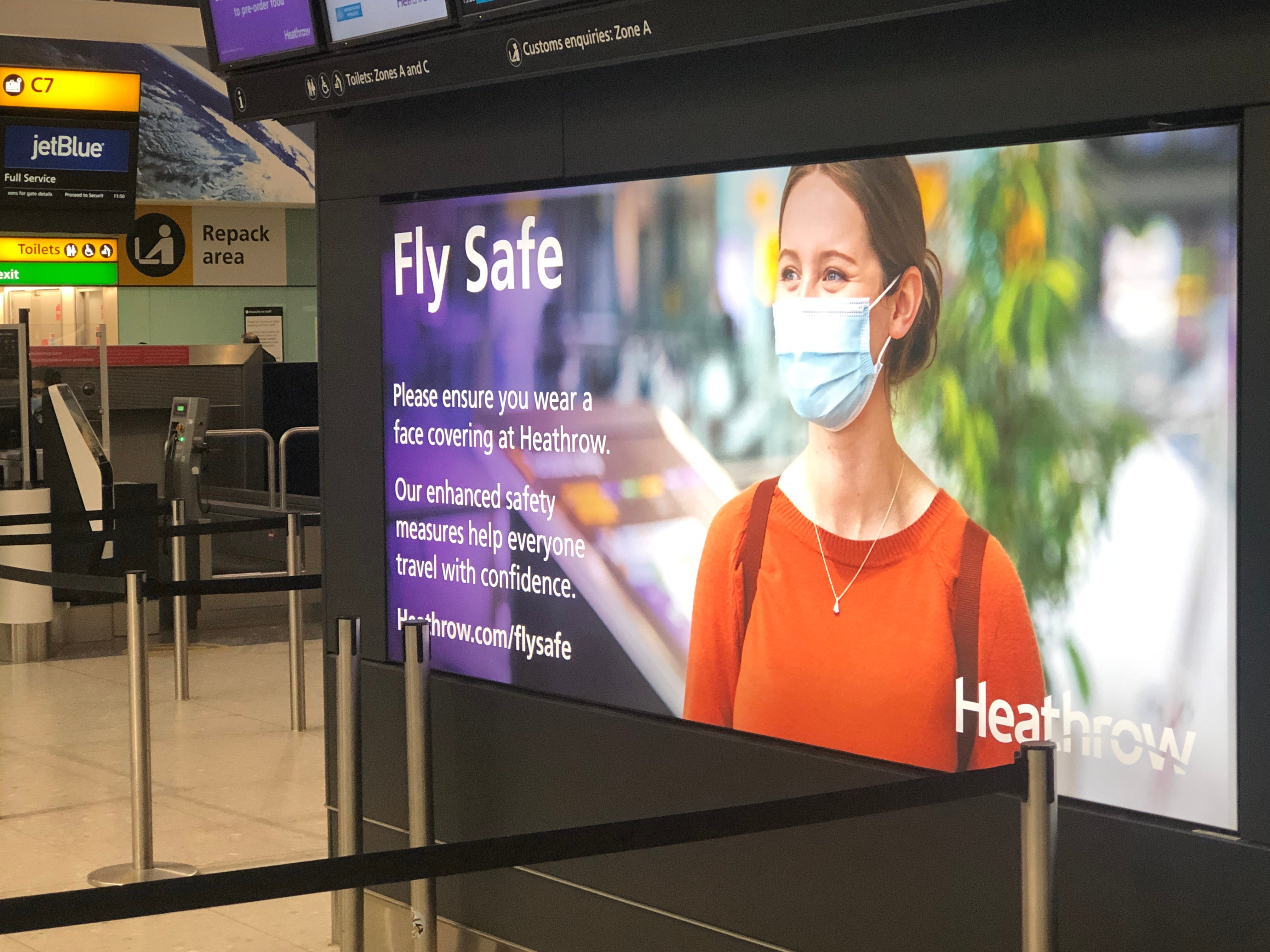 Face time? Heathrow still has messaging saying mask wearing is mandatory, such as this screen at check-in at Terminal 2