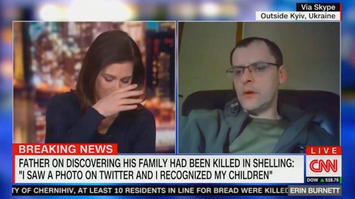 CNN’s Erin Burnett breaks down speaking to Serhiy Perebyinis about the deaths of his family