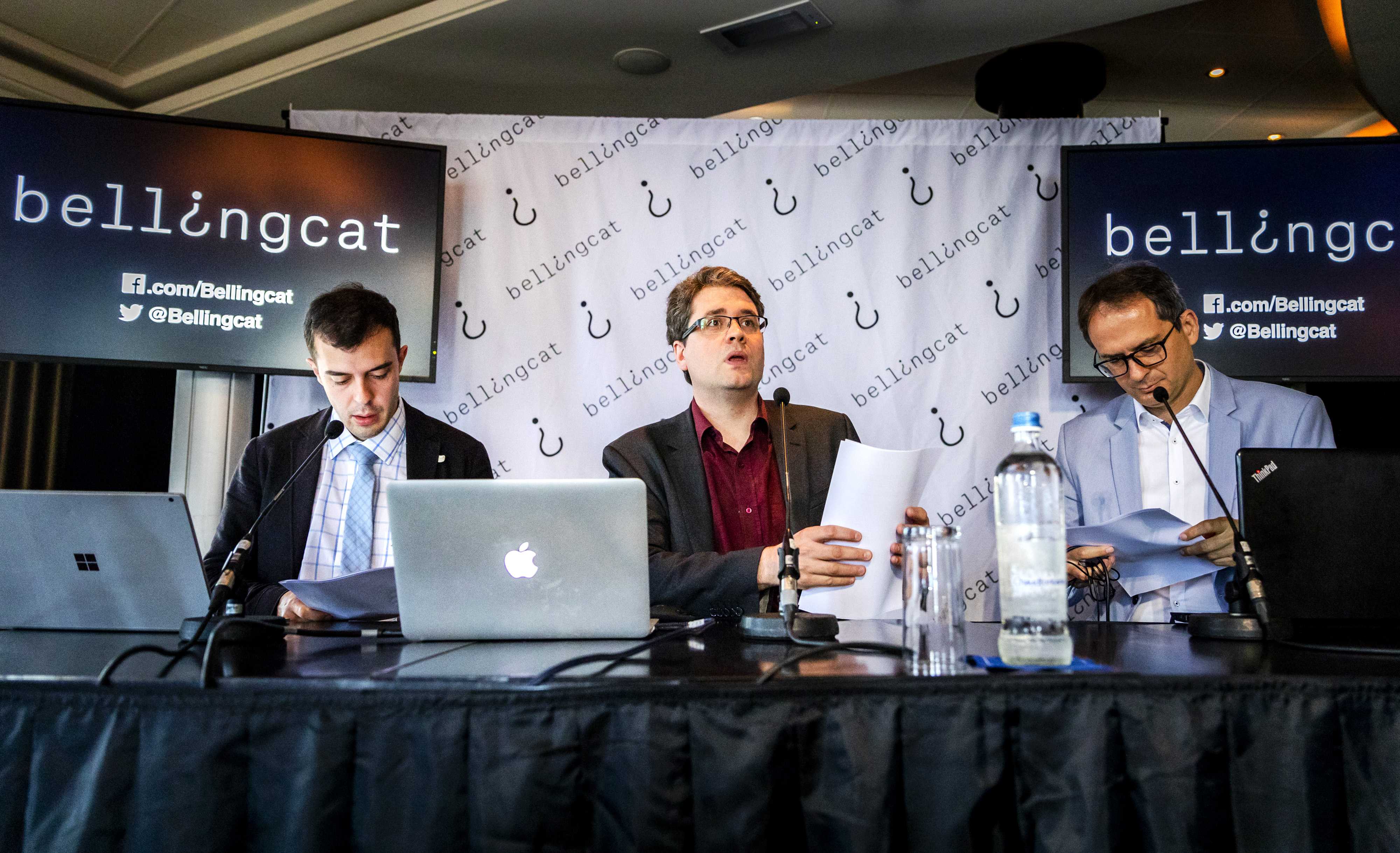 File photo: Eliot Higgins (C) of open source research organization Bellingcat addresses a press conference in Scheveningen, Netherlands, 25 May 2018