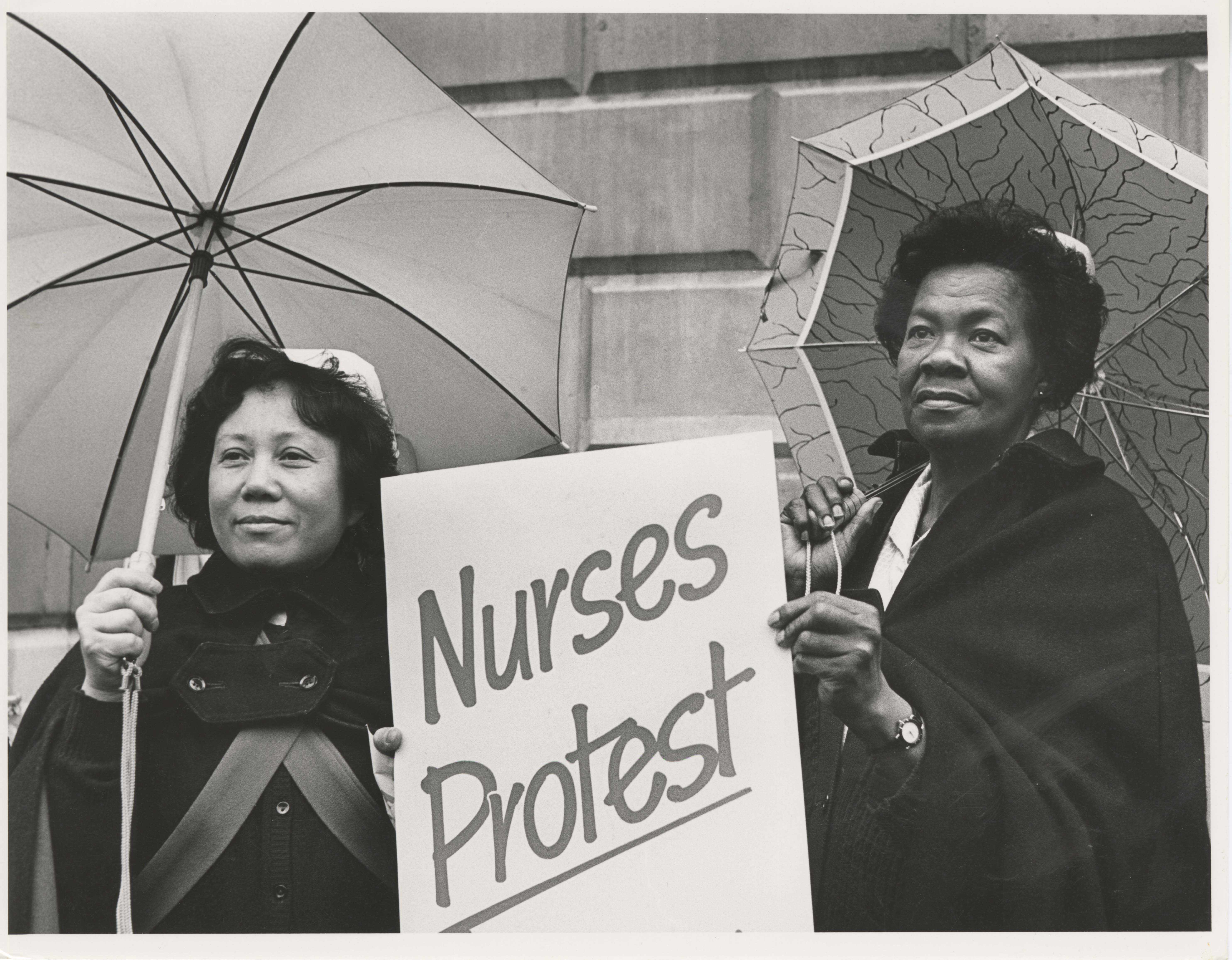 Nurses picketing outside Bart’s Hospital in London, striking over low pay, unfair salary structures and untenable working conditions, in February 1988