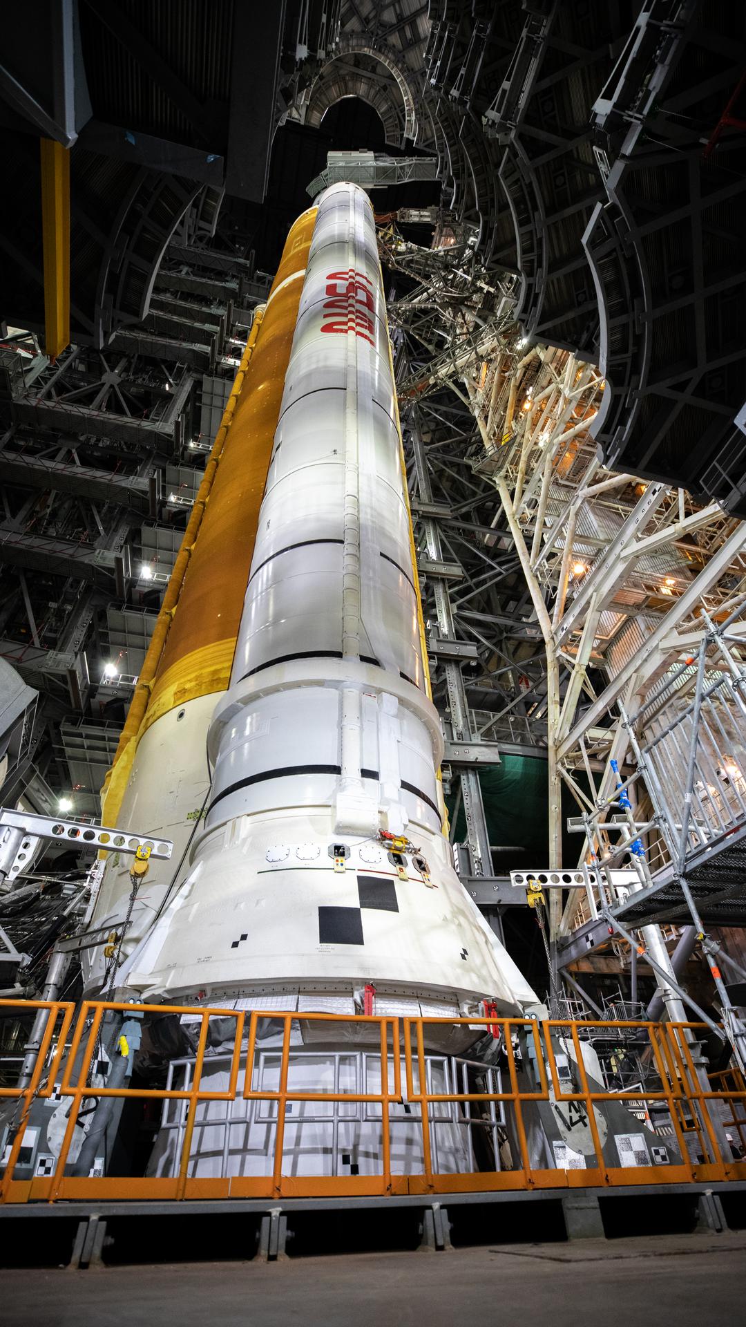 Nasa’s Space Launch System rocket about ready to roll out to launch pad for tests.