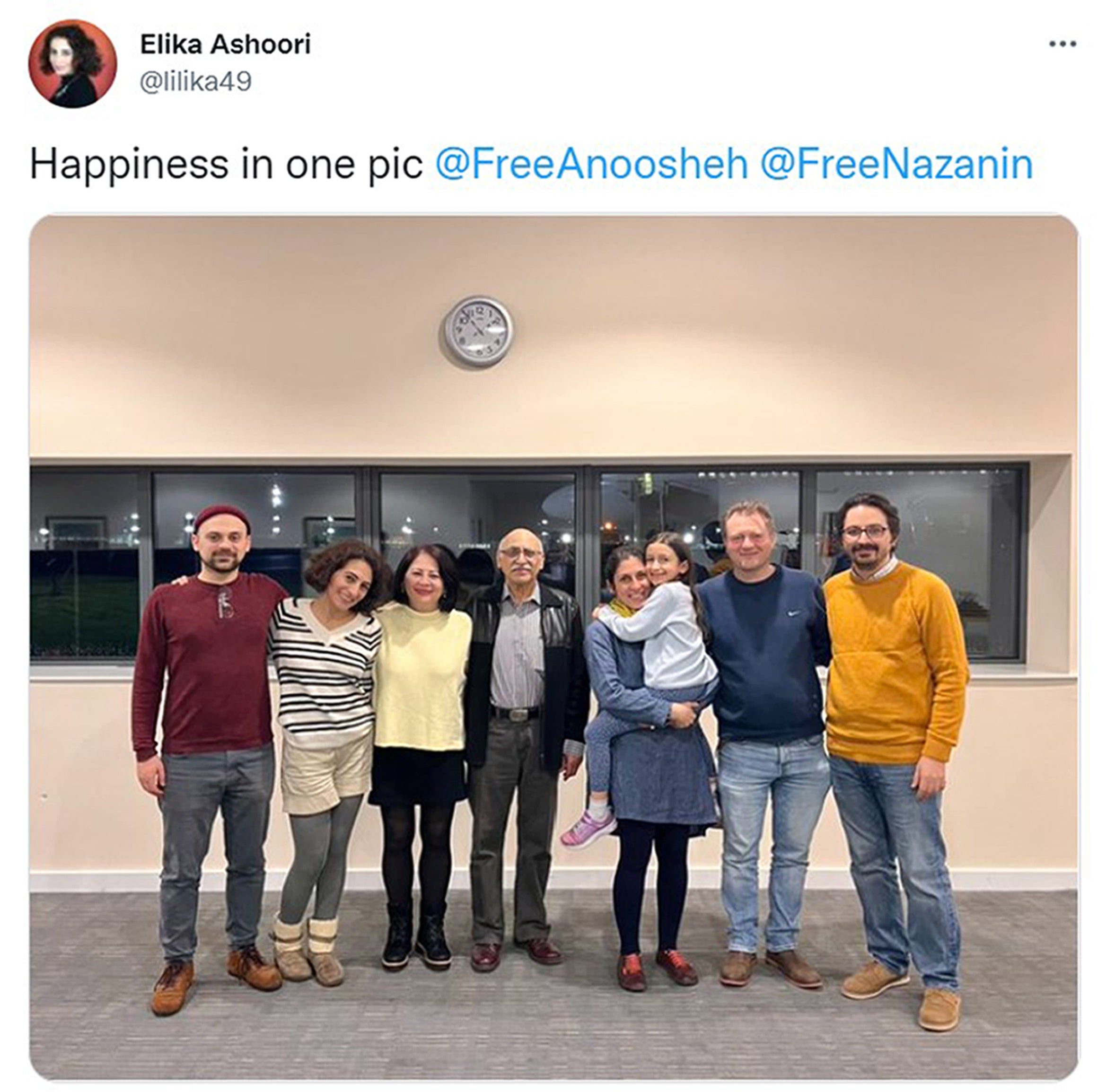 Screengrab of a tweet posted by Elika Ashoori of her father Anoosheh Ashoori and Nazanin Zaghari-Ratcliffe being reunited with their families at RAF Brize Norton