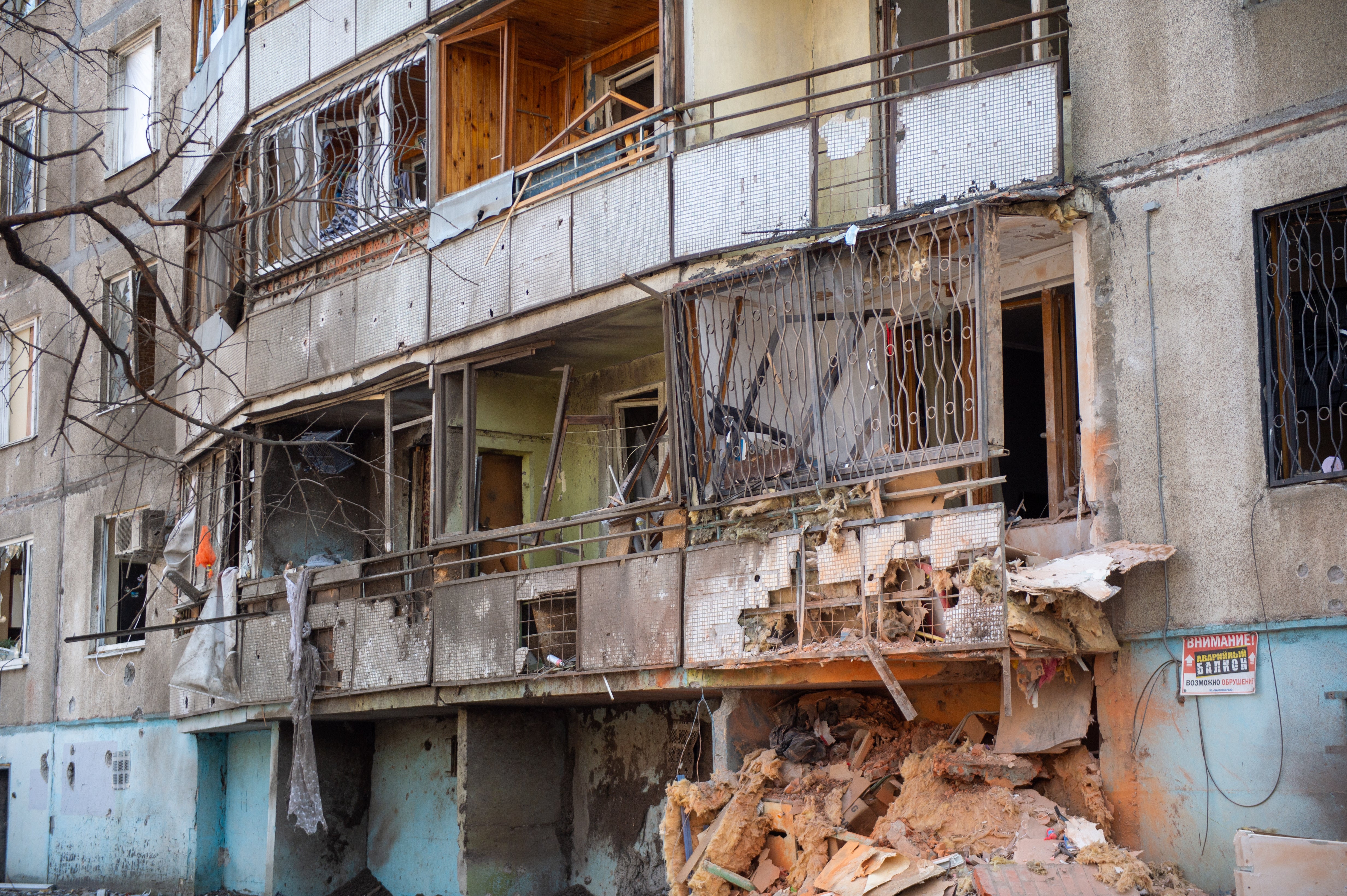 A view of a residential building, which was damaged as a result of the explosion of a Russian combat missile, in Kharkiv