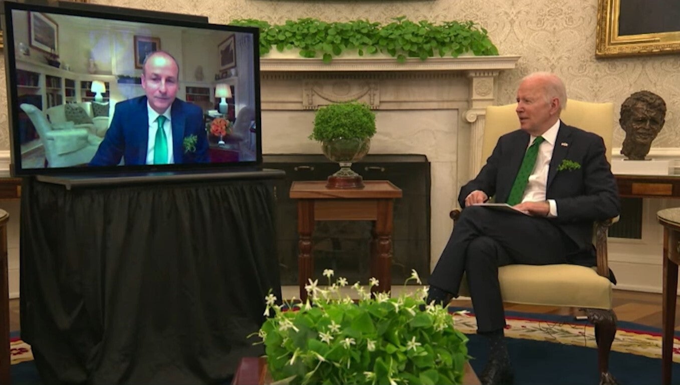 The virtual bilateral meeting between Taoiseach Micheal Martin and US President Joe Biden (White House/PA)