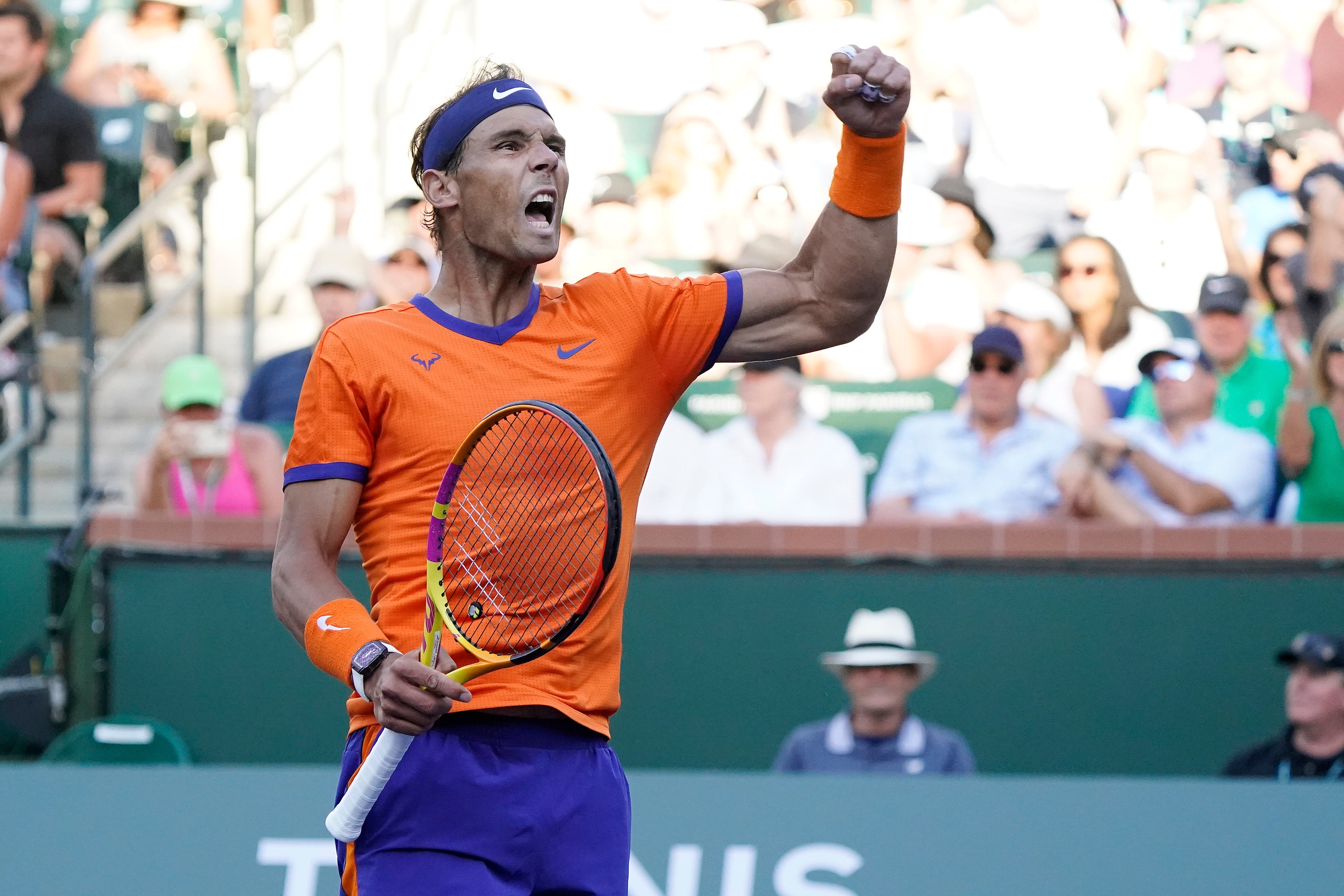 Rafael Nadal celebrates his victory over Nick Kyrgios (Marcio Jose Sanchez/AP)