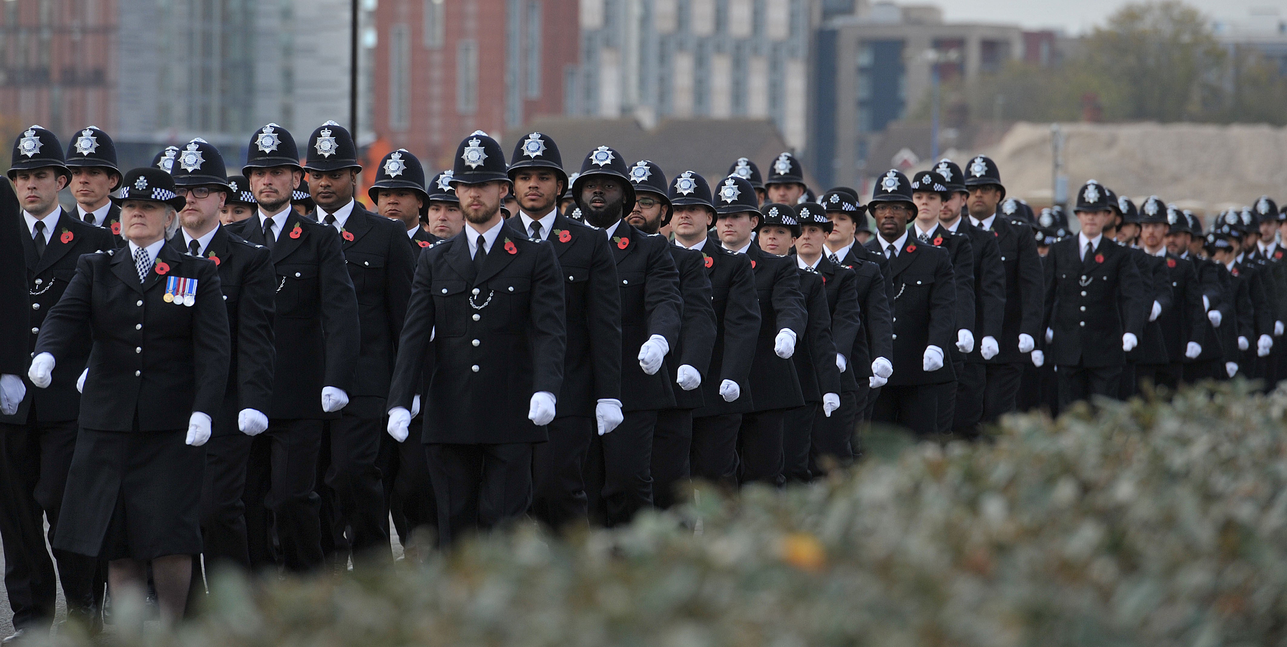 Metropolitan Police recruits marching during a Metropolitan Police passing out parade for new officers at Peel House in Hendon (Nick Ansell/PA)