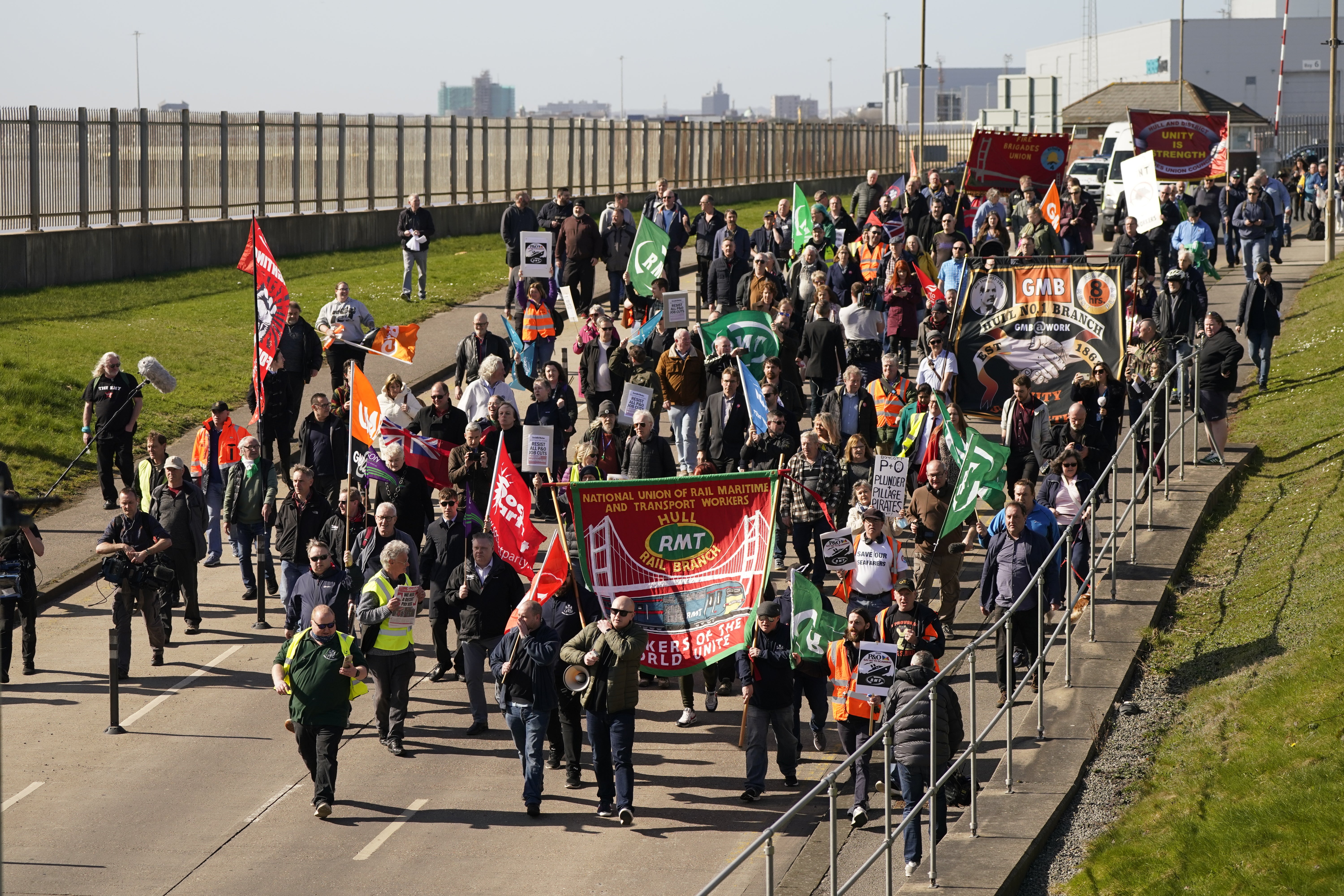 Hundreds of protesters gathered at UK ports demanding P&O Ferries reverses its ‘appalling’ decision to sack 800 seafarers (Danny Lawson/PA)