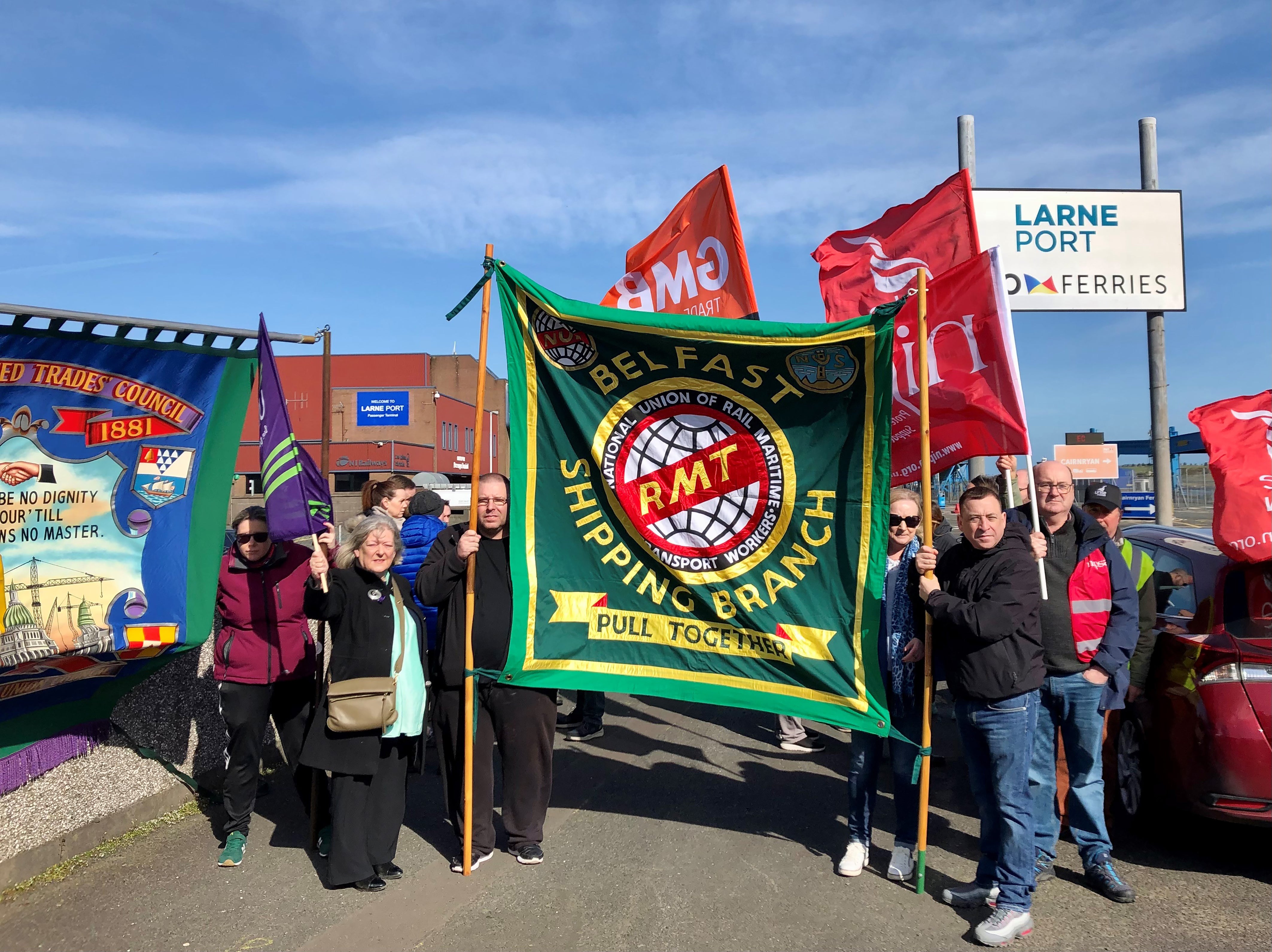 Sacked P&O workers are joined by seafarers from Stena Line, who came to the protest to show solidarity at Larne Port in Northern Ireland (PA)