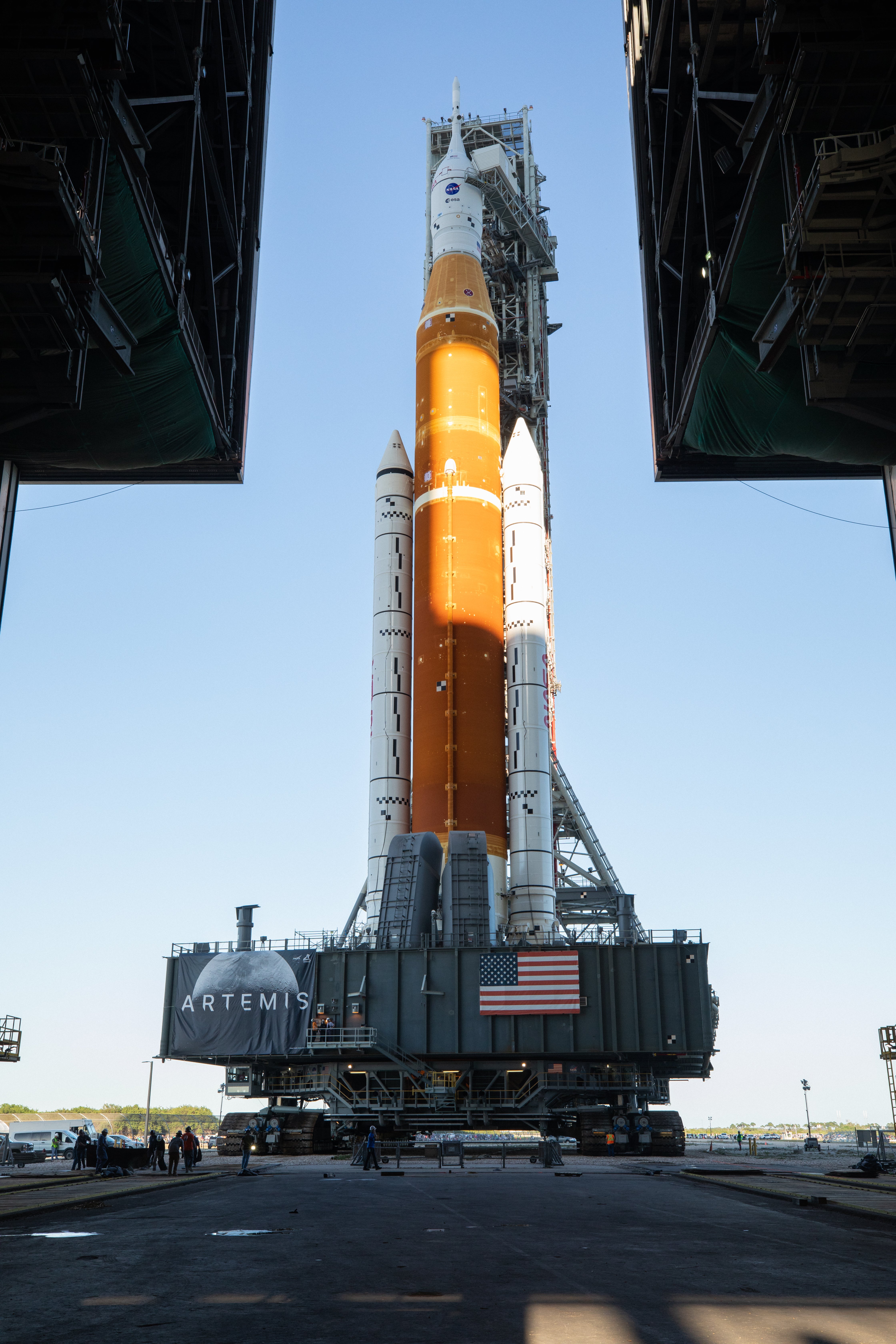 Nasa’s Space Launch System Moon rocket leaves the Vehicle Assembly building on its way to the launchpad at Cape Canaveral, Florida.