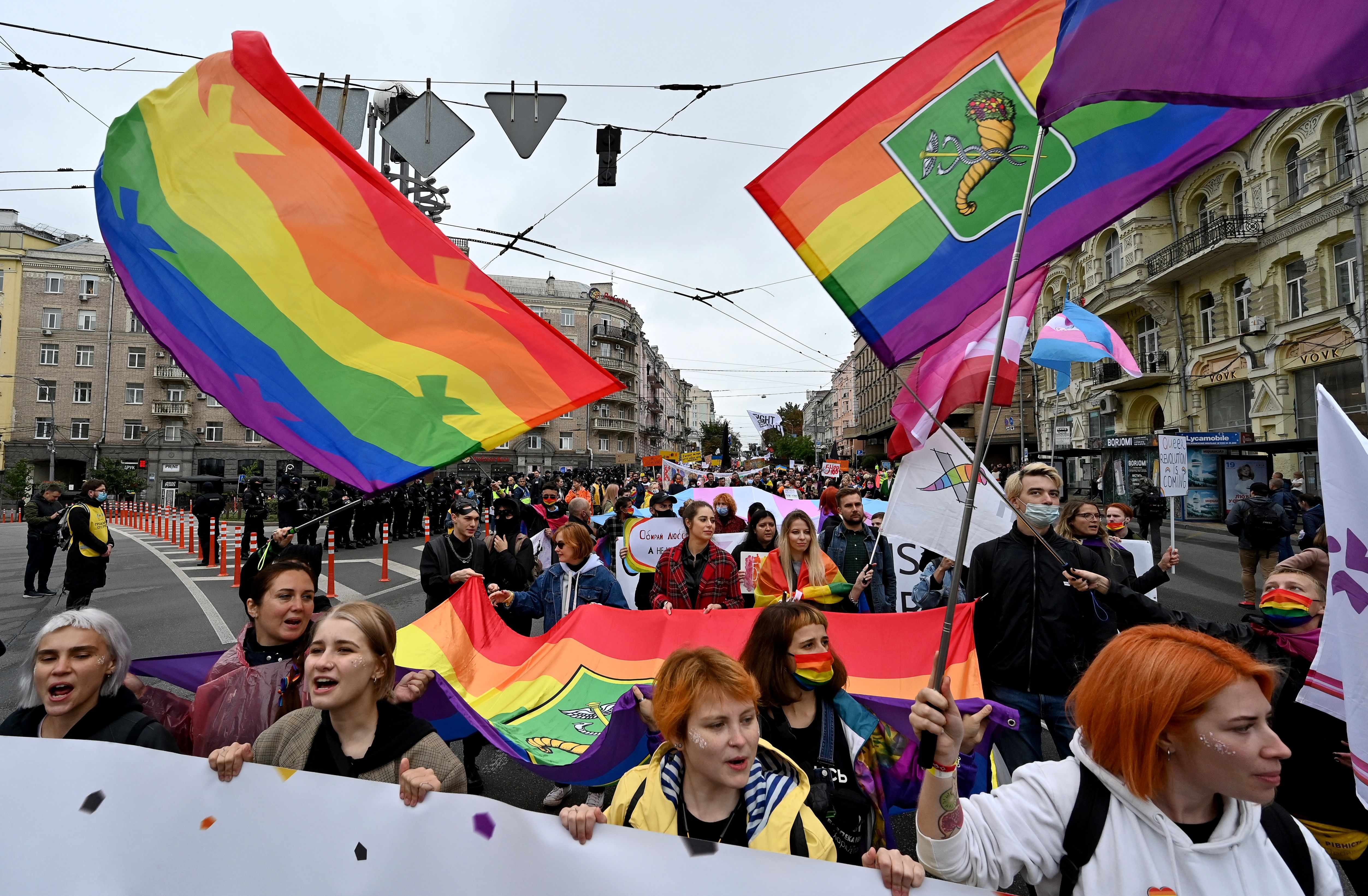 LGBT+ activists march in the center of the Ukrainian capital of Kiev during Kyiv Pride1 on September 19, 2021. (Photo by Sergei SUPINSKY / AFP) (Photo by SERGEI SUPINSKY/AFP via Getty Images)