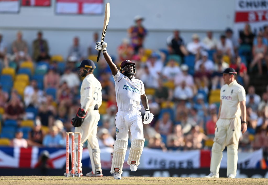 Jermaine Blackwood celebrates his century