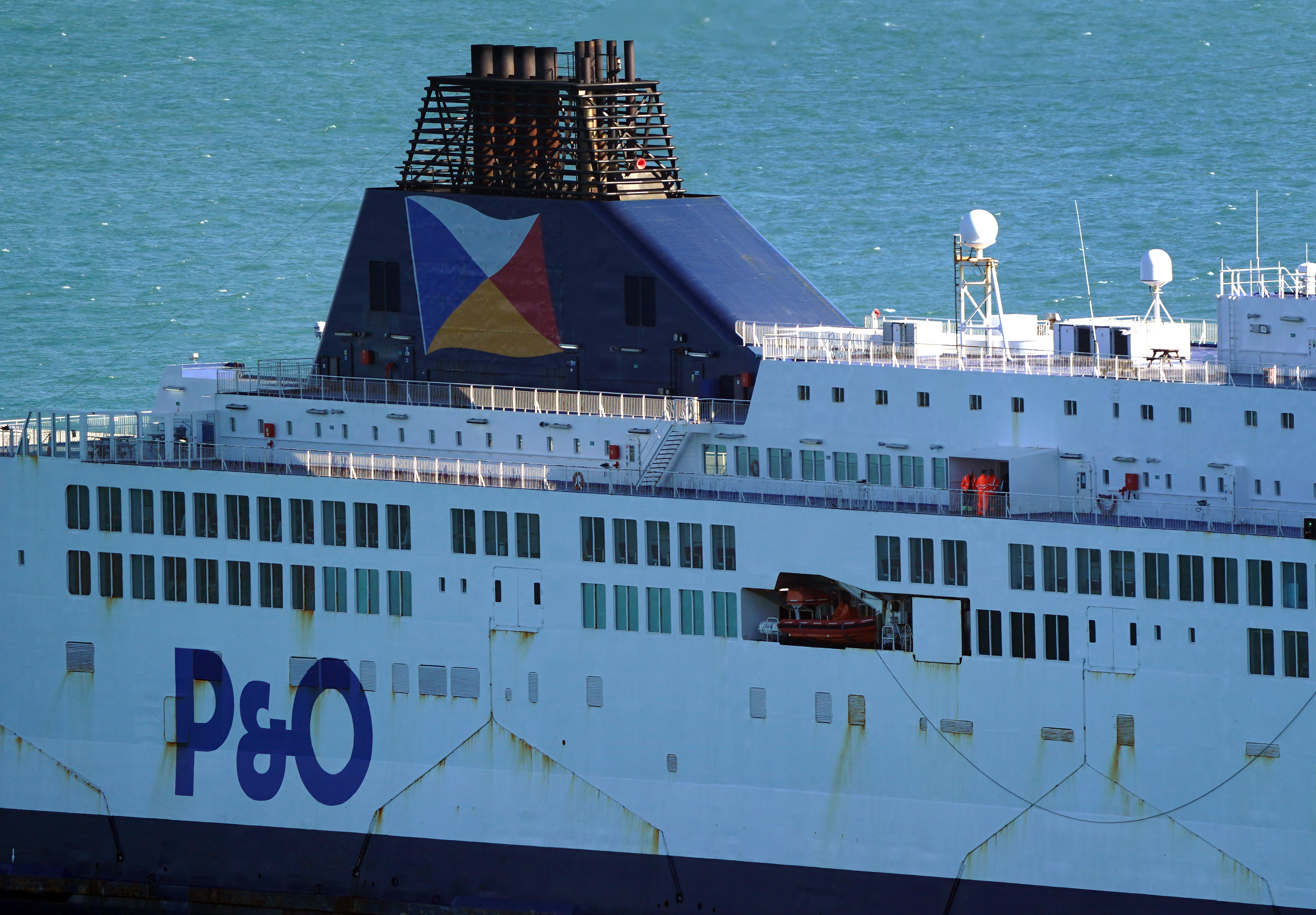 Workers on the P&O ferry the Pride of Kent as it remains moored at the Port of Dover in Kent after P&O Ferries suspended sailings and handed 800 seafarers immediate severance notices. Picture date: Friday March 18, 2022.