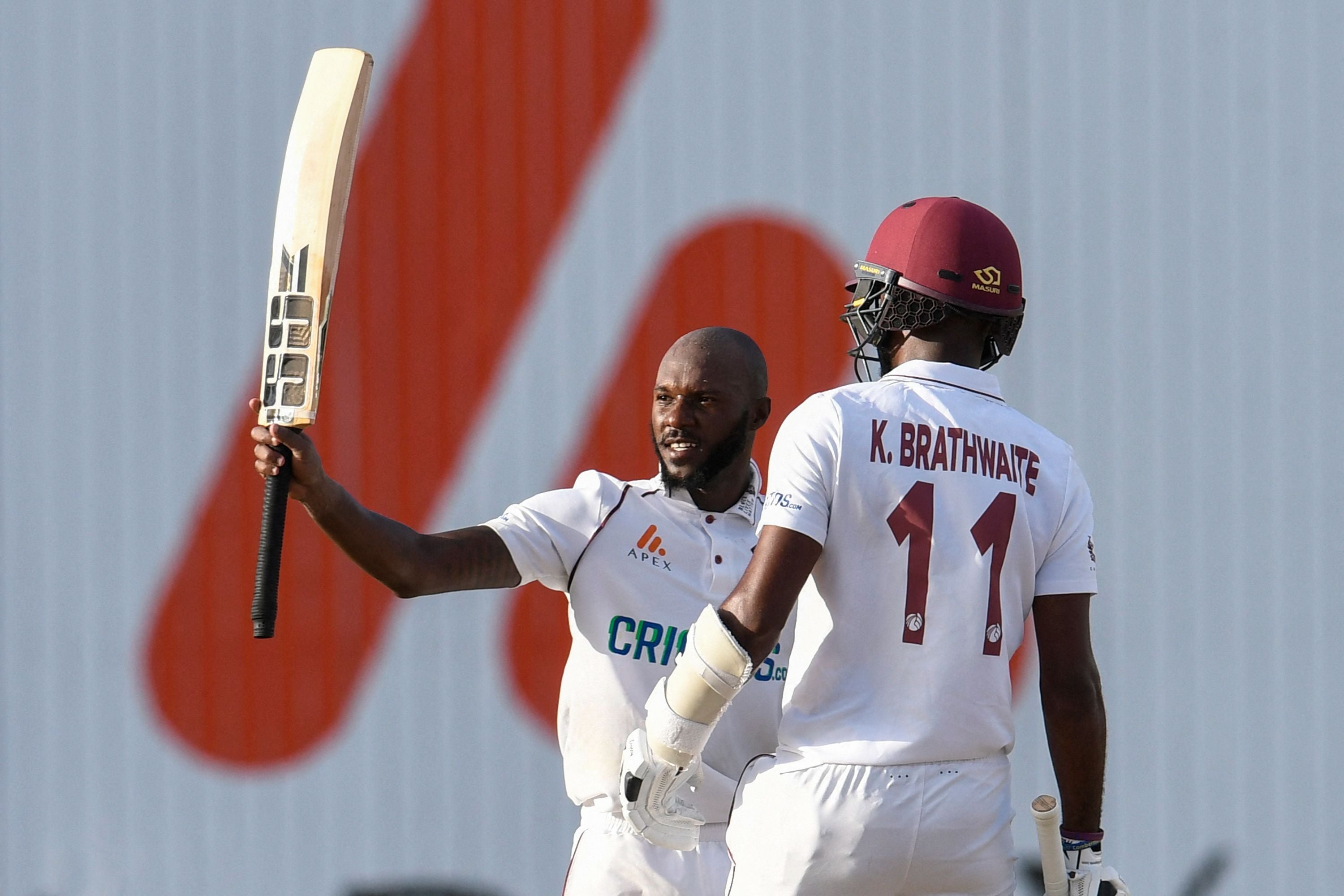 Jermaine Blackwood celebrates his century against England