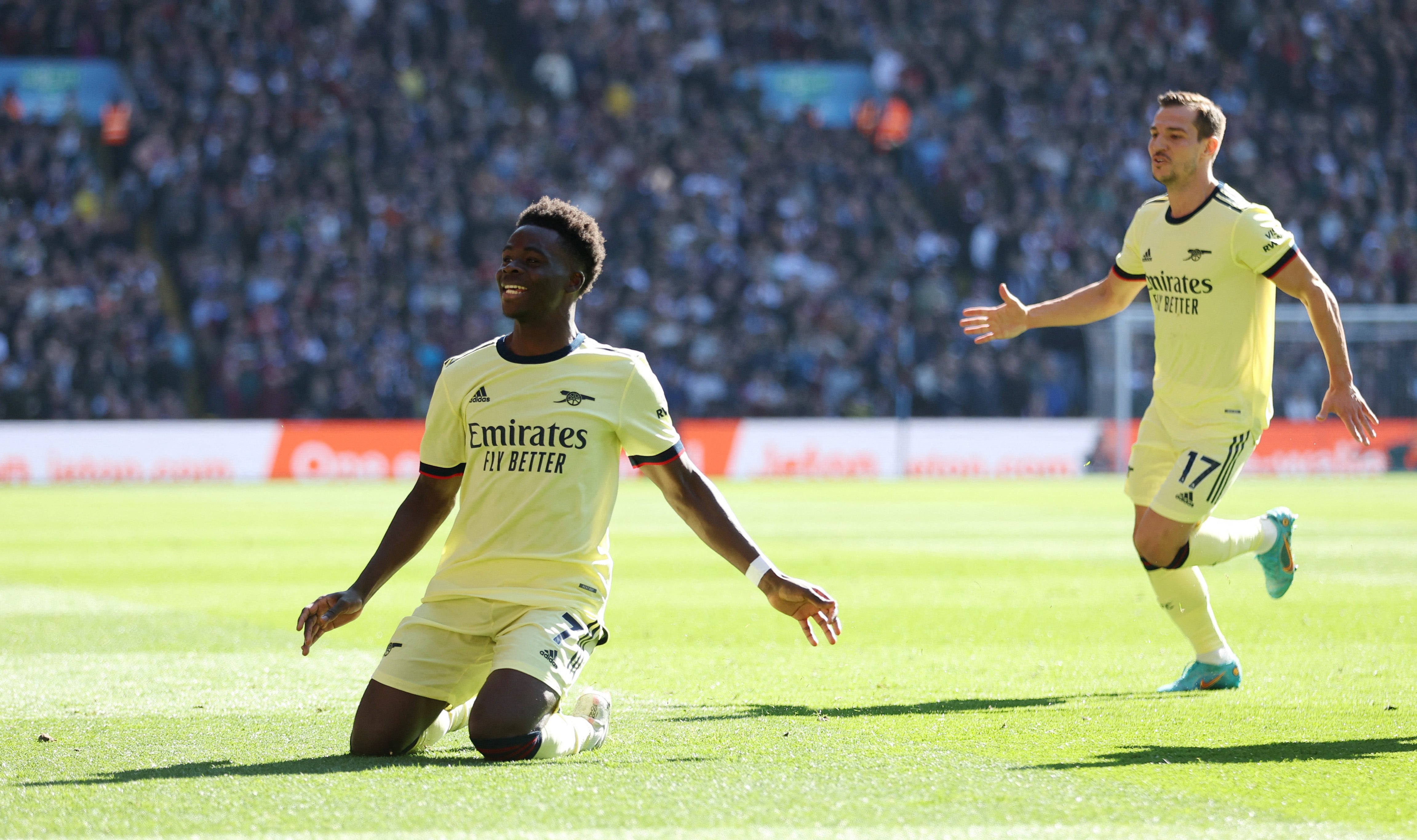 Bukayo Saka celebrates scoring for Arsenal