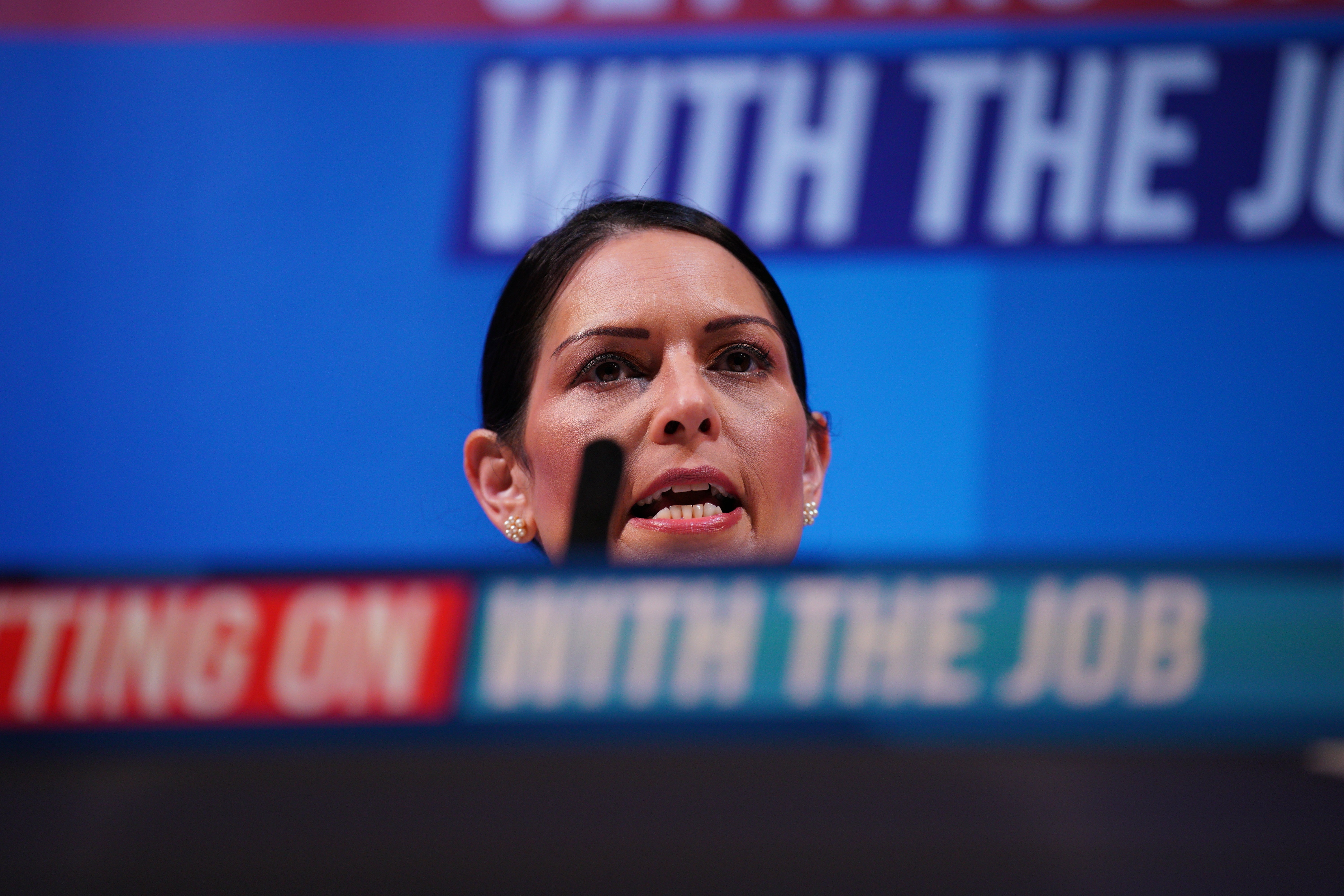 Home Secretary Priti Patel speaks during the Conservative Party spring forum in Blackpool (Peter Byrne/PA)