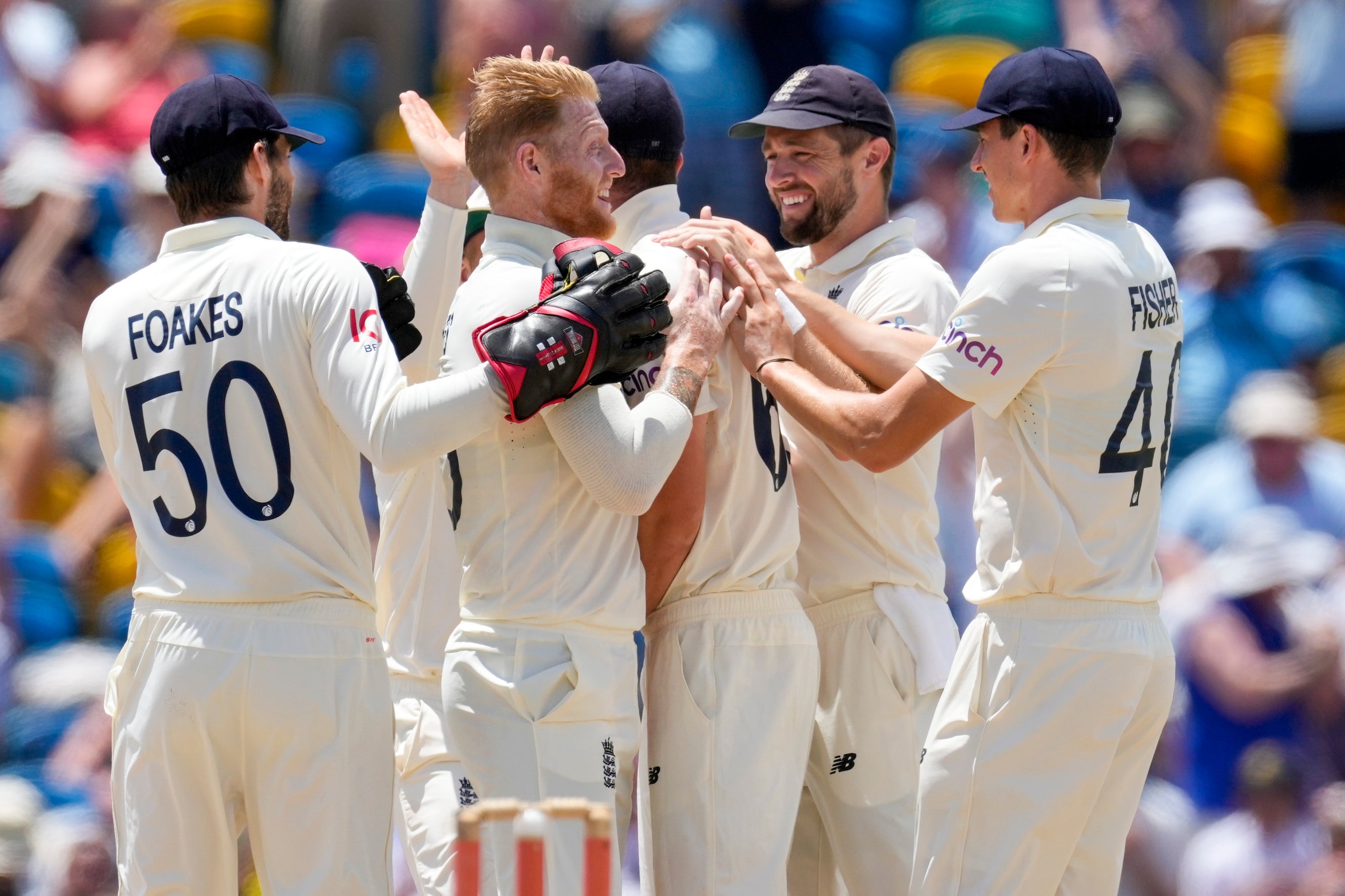 Ben Stokes celebrates with England team-mates the dismissal of West Indies nightwatchman Alzarri Joseph (AP/Ricardo Mazalan).