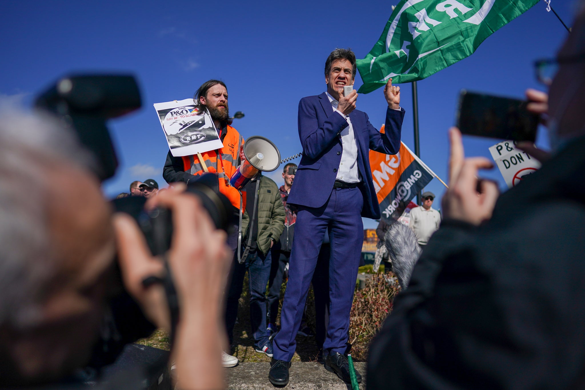 Ed Miliband, Shadow Secretary of State for Climate Change and Net Zero and MP for Doncaster North, addresses protestors as they gather outside the Port of Hull.