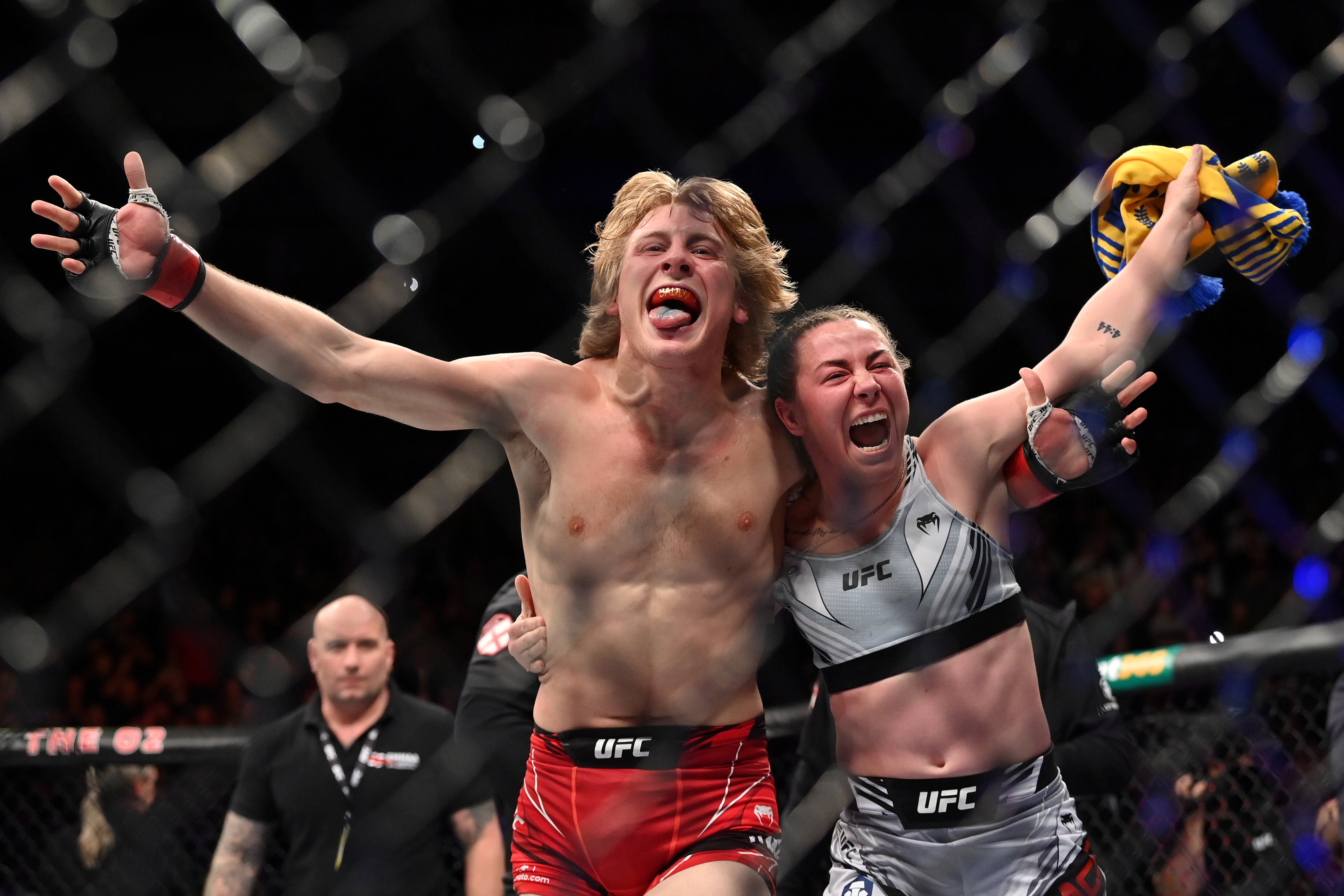 Pimblett and fellow Liverpudlian Molly McCann celebrate at UFC London