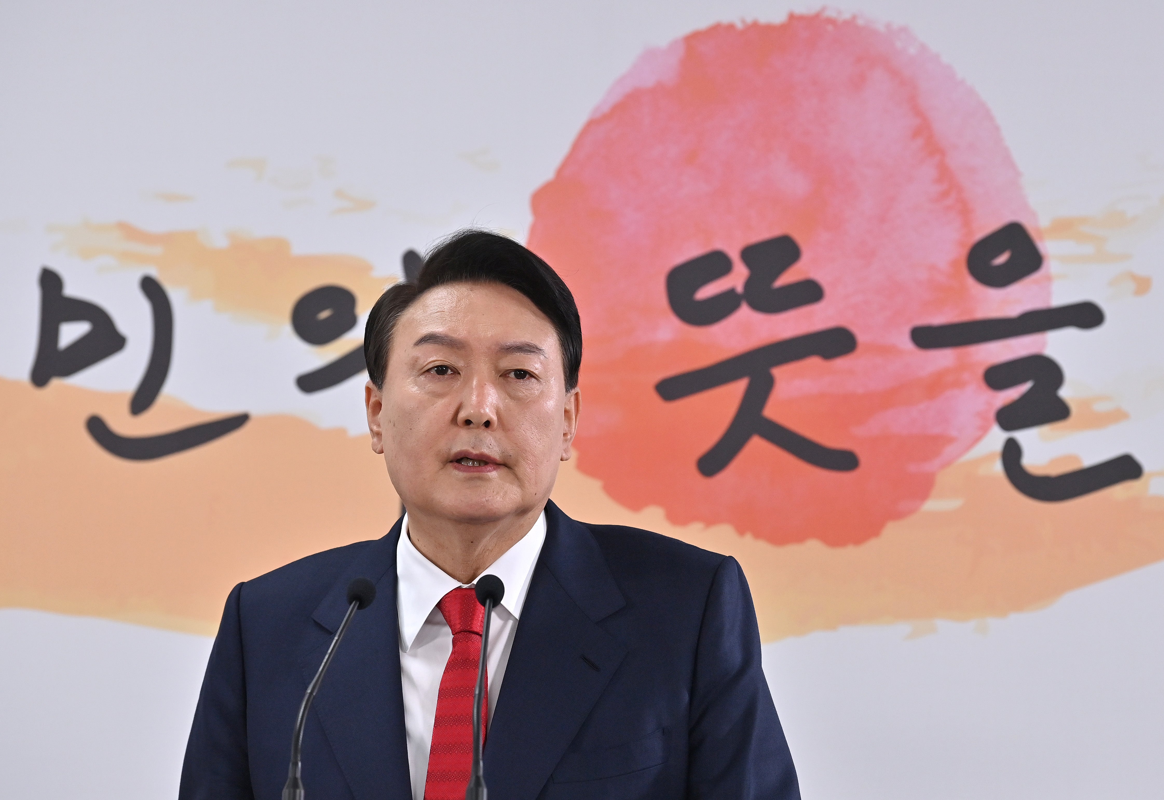 President-elect Yoon Suk-yeol speaks during a press conference on March 20, 2022 in Seoul, South Korea.