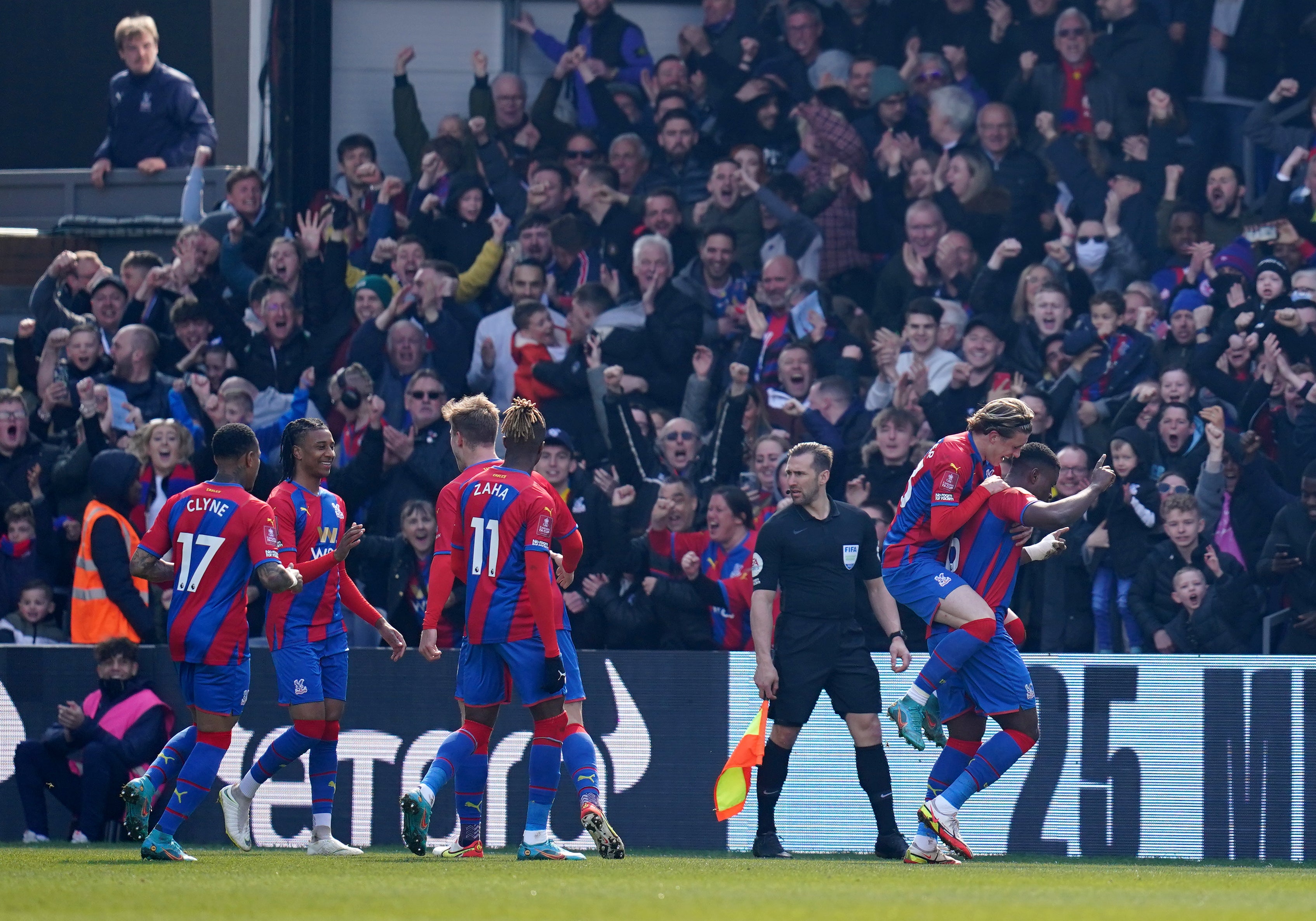 Marc Guehi celebrates the opener for Crystal Palace against Everton (John Walton/PA)