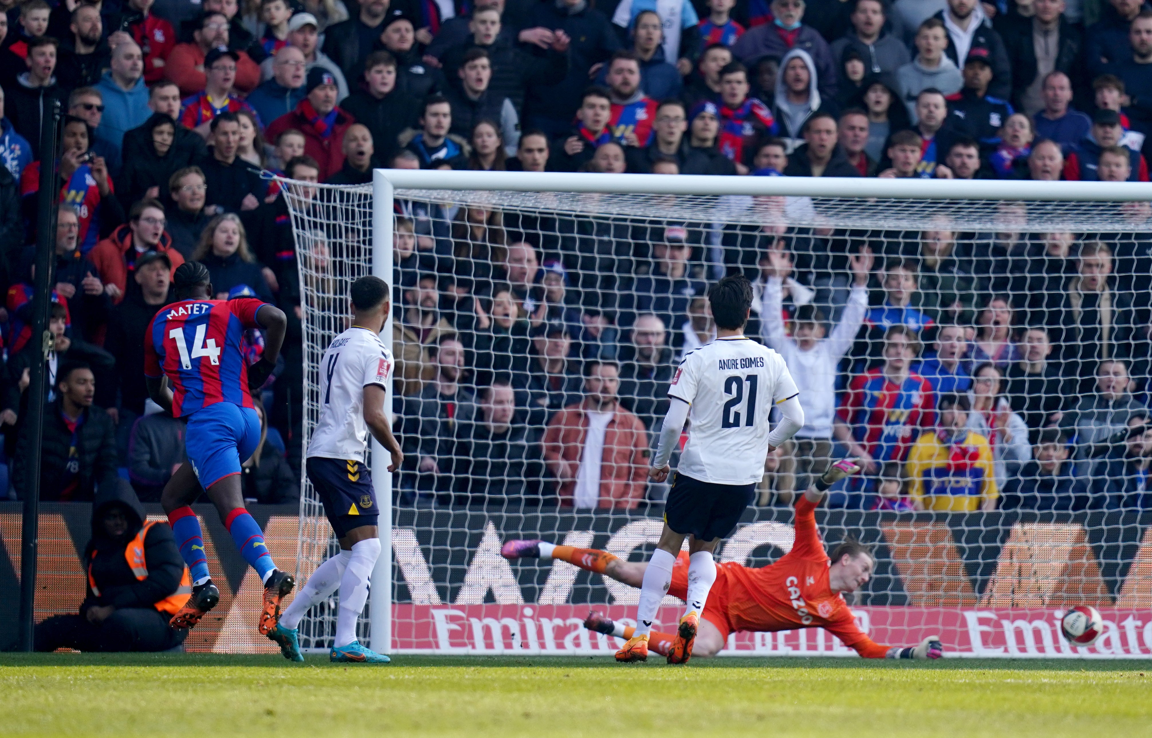 Crystal Palace’s Jean-Philippe Mateta scores his side’s second (John Walton/PA)