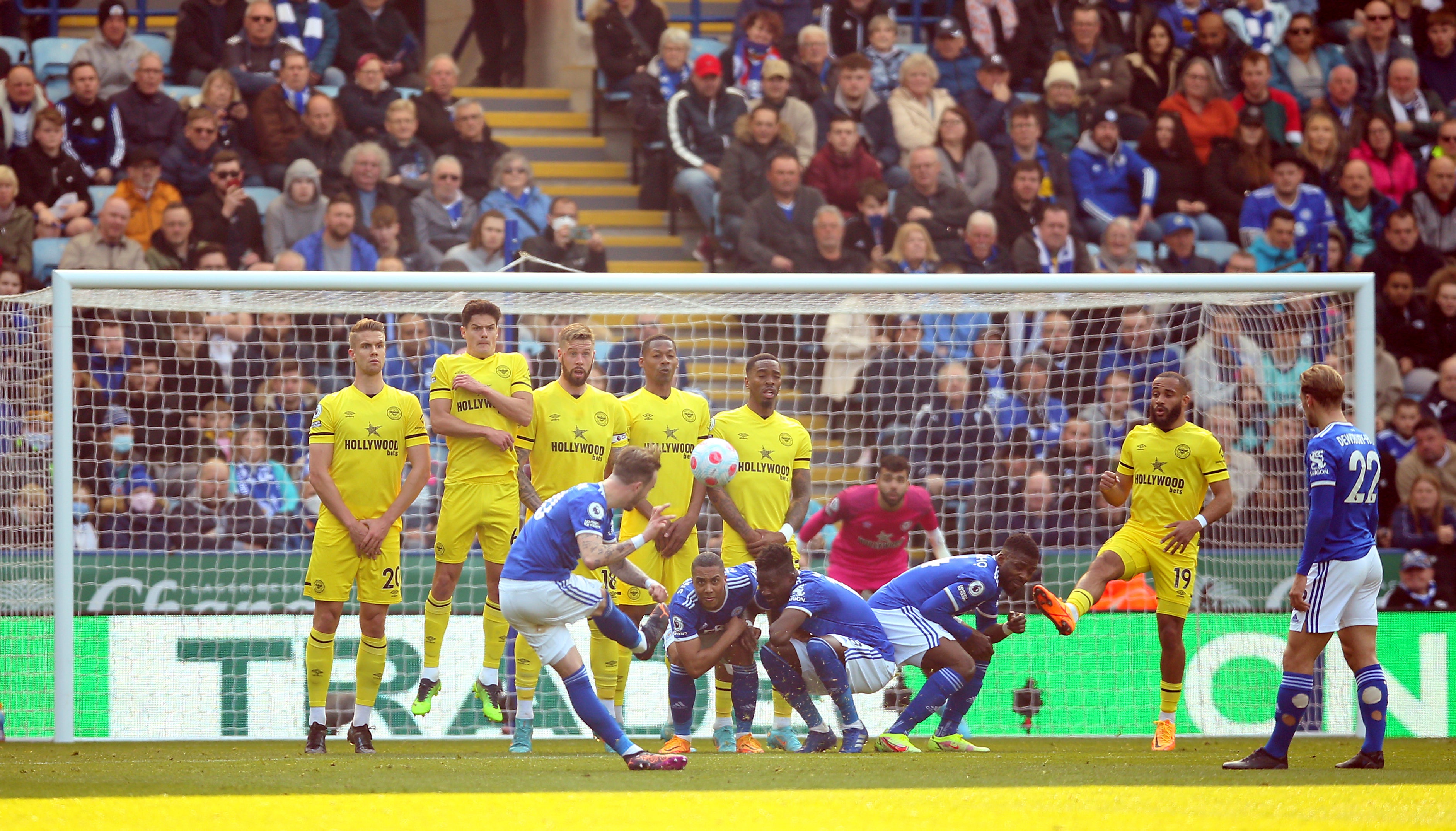 James Maddison scores Leicester’s second goal direct from a free kick