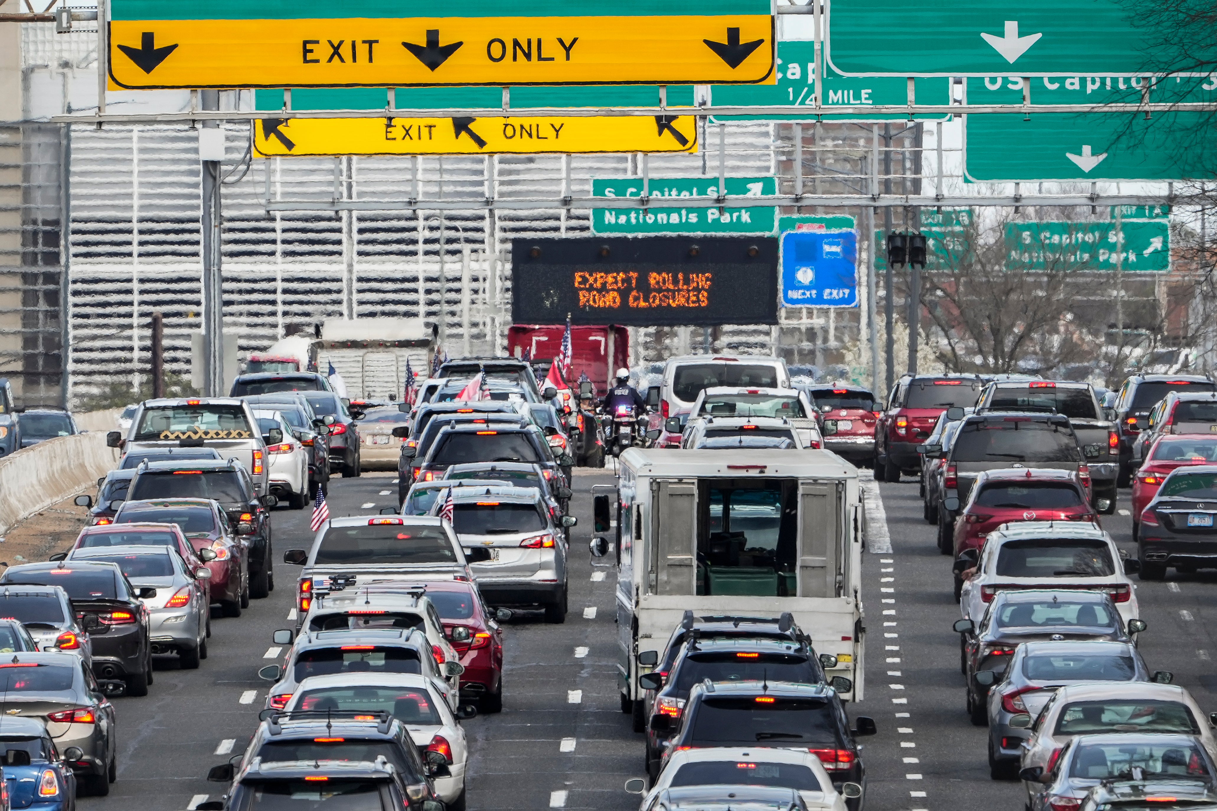 Heavy traffic slowly crawls on I-395 due to the trucker convoy protest on March 18, 2022 in Washington, DC