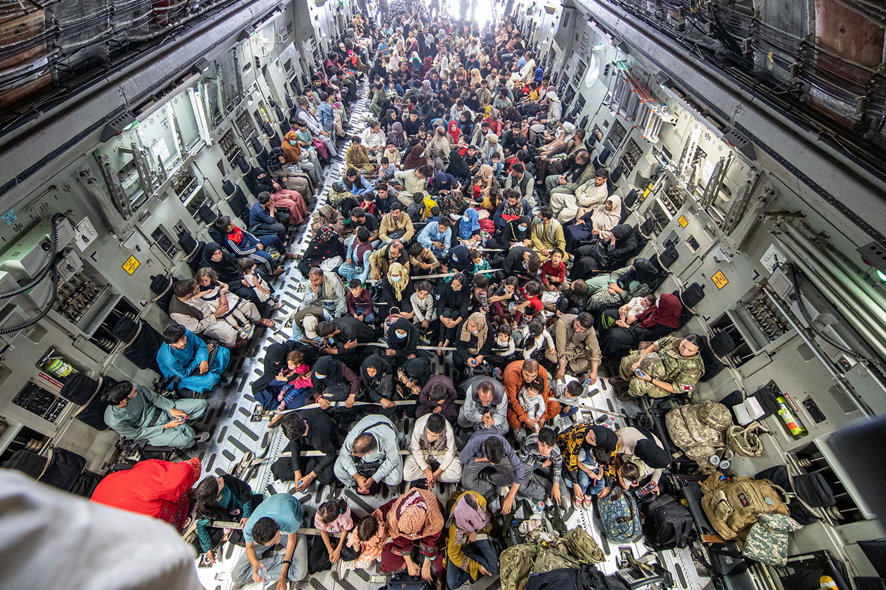 UK armed forces help 265 people on an evacuation flight out of Kabul airport, Afghanistan