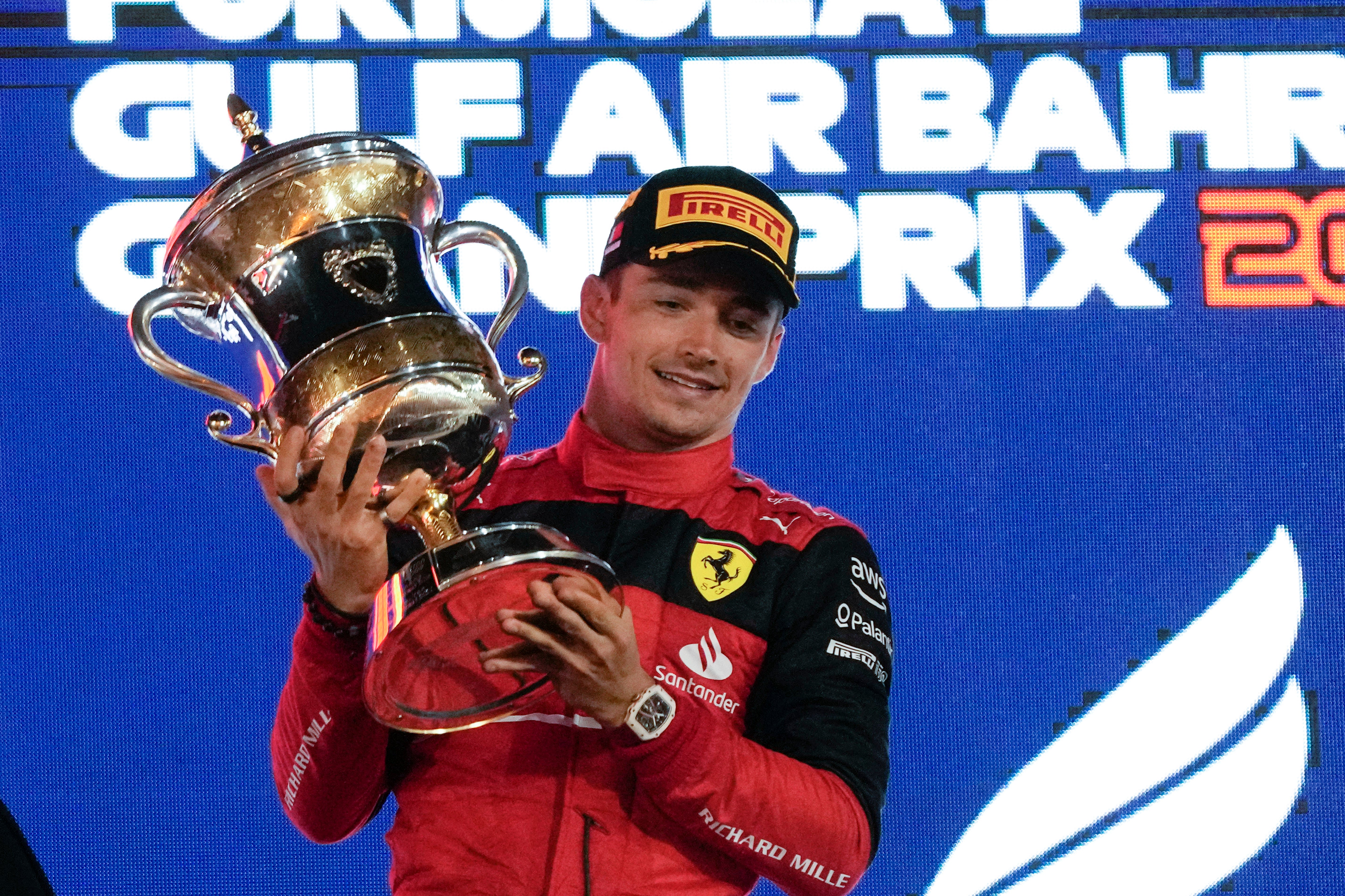 Charles Leclerc celebrates victory at the Bahrain Grand Prix (Hassan Ammar/AP)