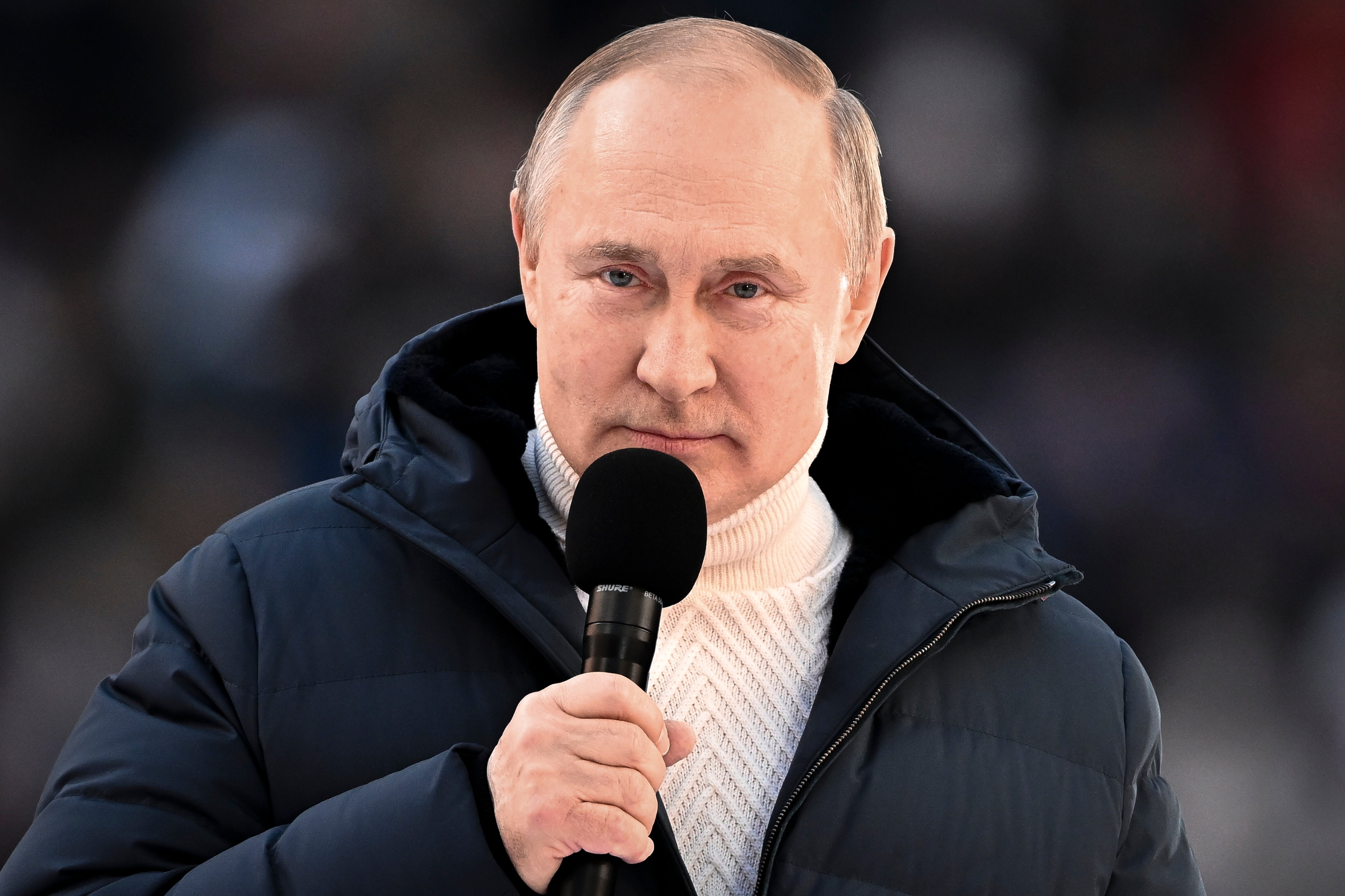 Russian President Vladimir Putin delivers his speech at the concert marking the eighth anniversary of the referendum on the state status of Crimea and Sevastopol and its reunification with Russia, in Moscow, Russia, Friday, March 18, 2022. (Ramil Sitdikov/Sputnik Pool Photo via AP/PA)