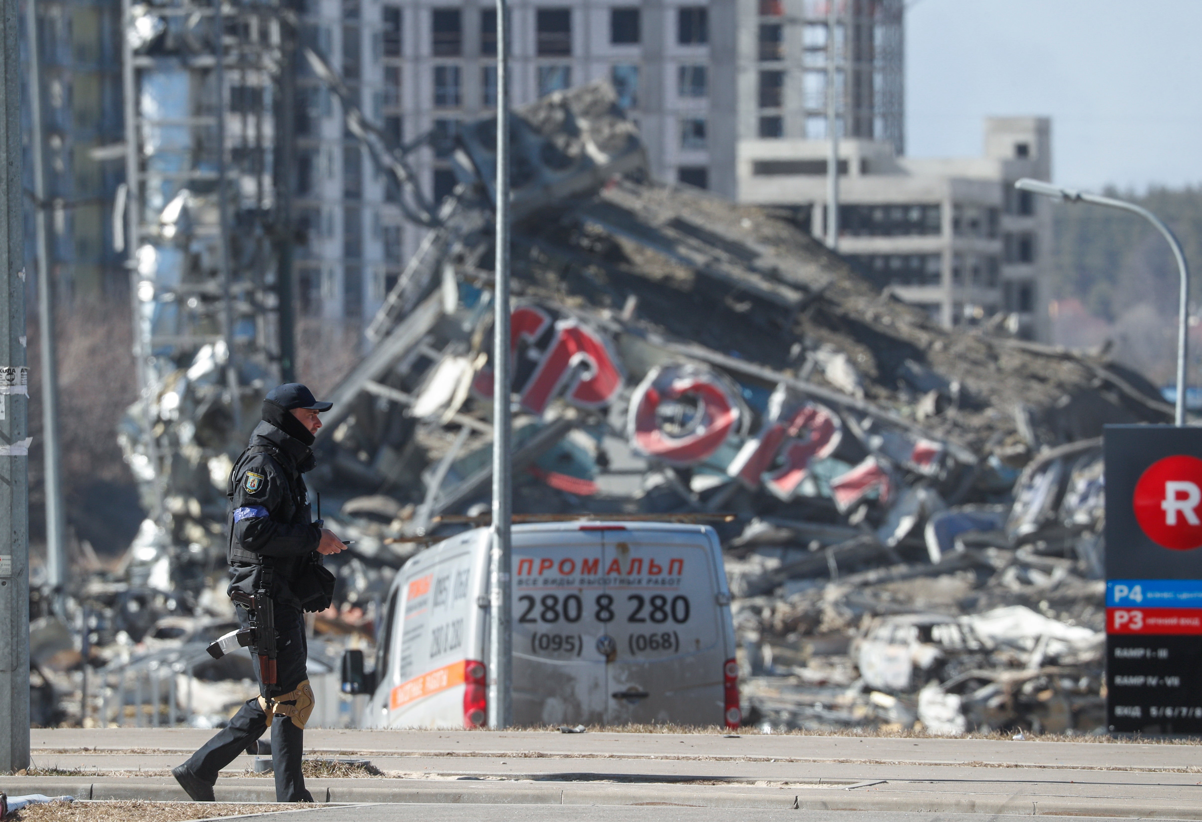 A damaged shopping centre in Kyiv is pictured on 21 March 2022.