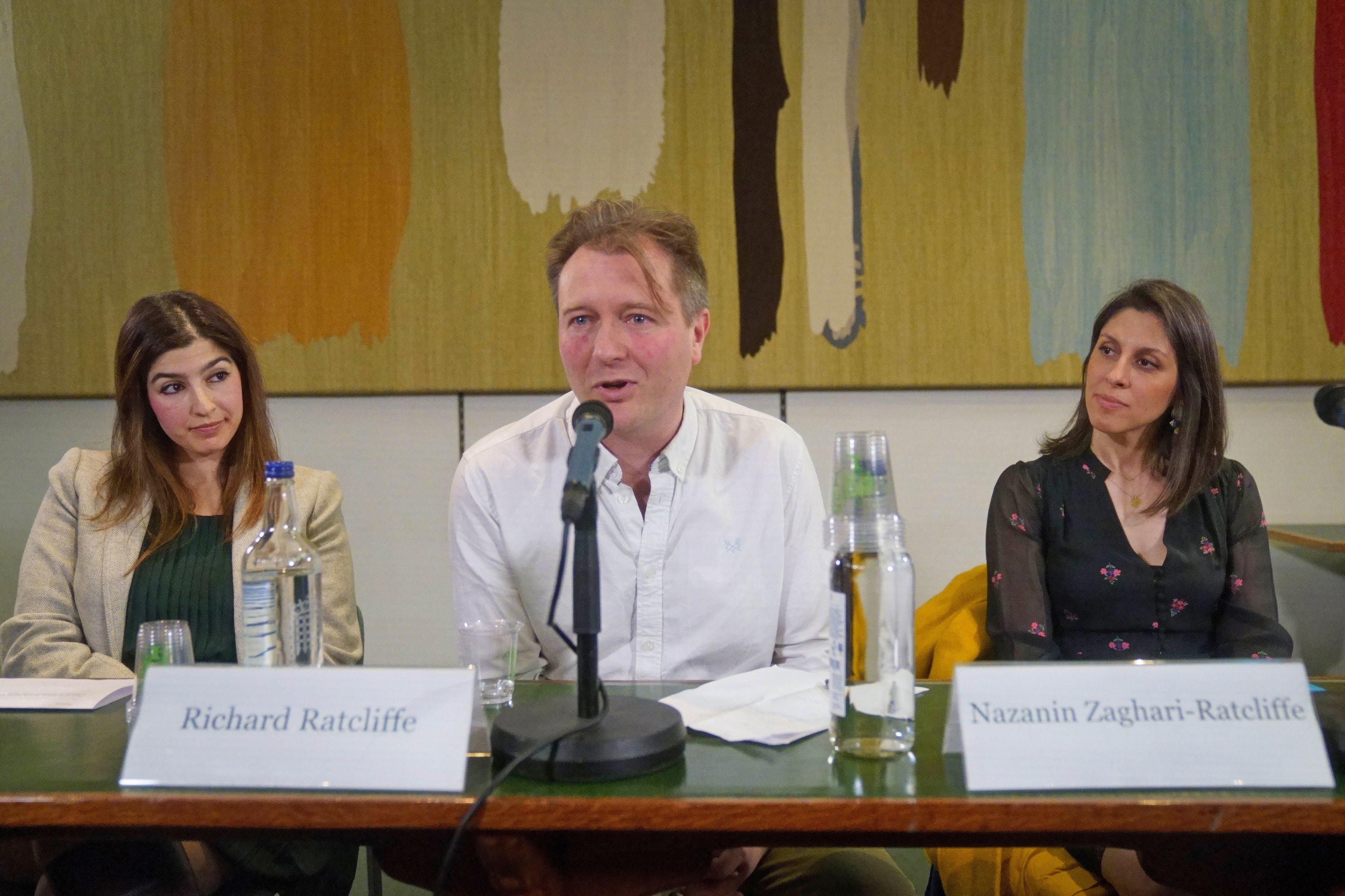 Roxanne Tahbaz (left), whose father is detained in Iran, attends a press conference with Richard Ratcliffe and his wife Nazanin Zaghari-Ratcliffe on 21 March, 2022.