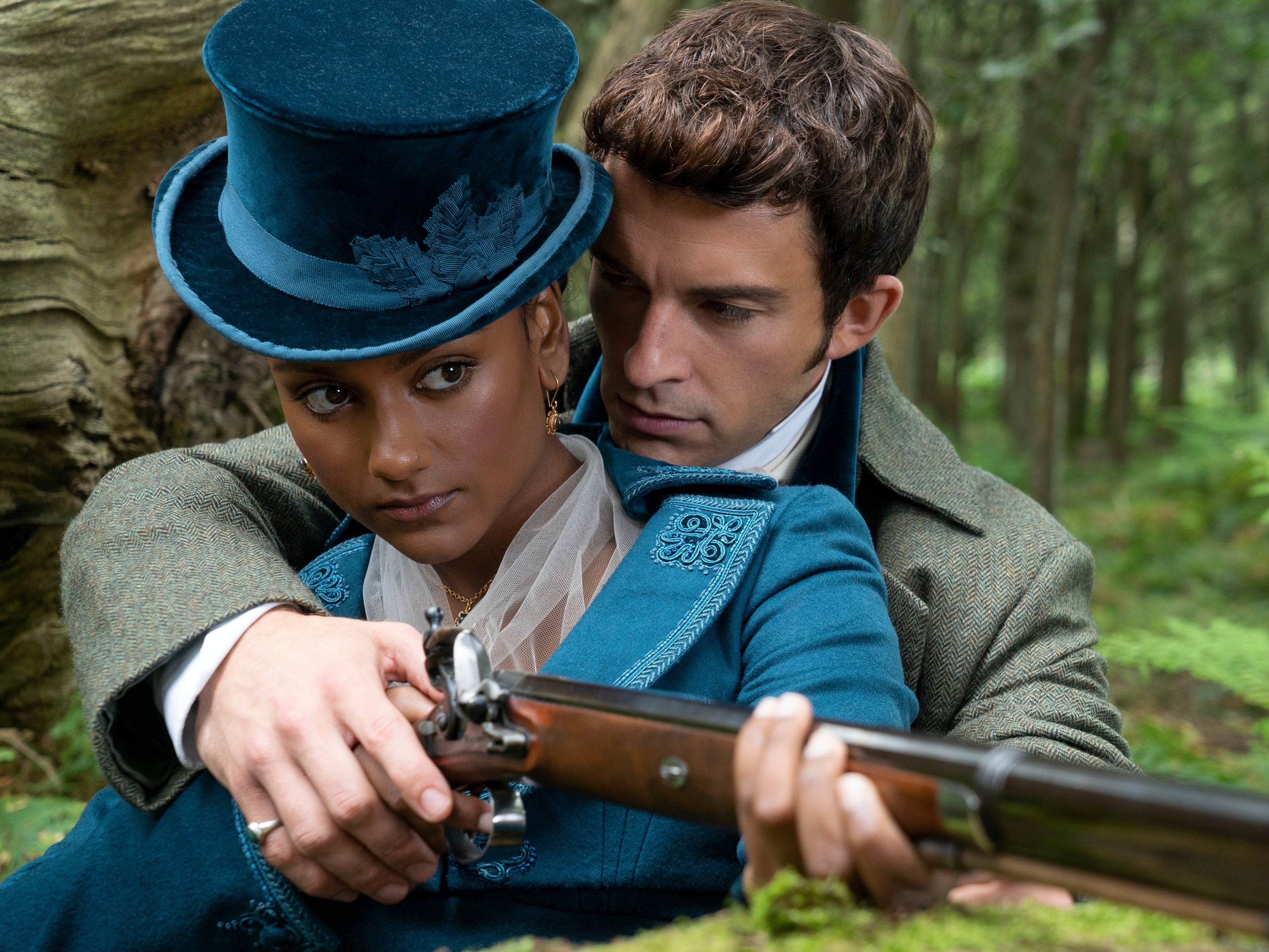 Simone Ashley as Kate Sharma with Jonathan Bailey, who plays Viscount Anthony Bridgerton on Netflix’s historical romance drama