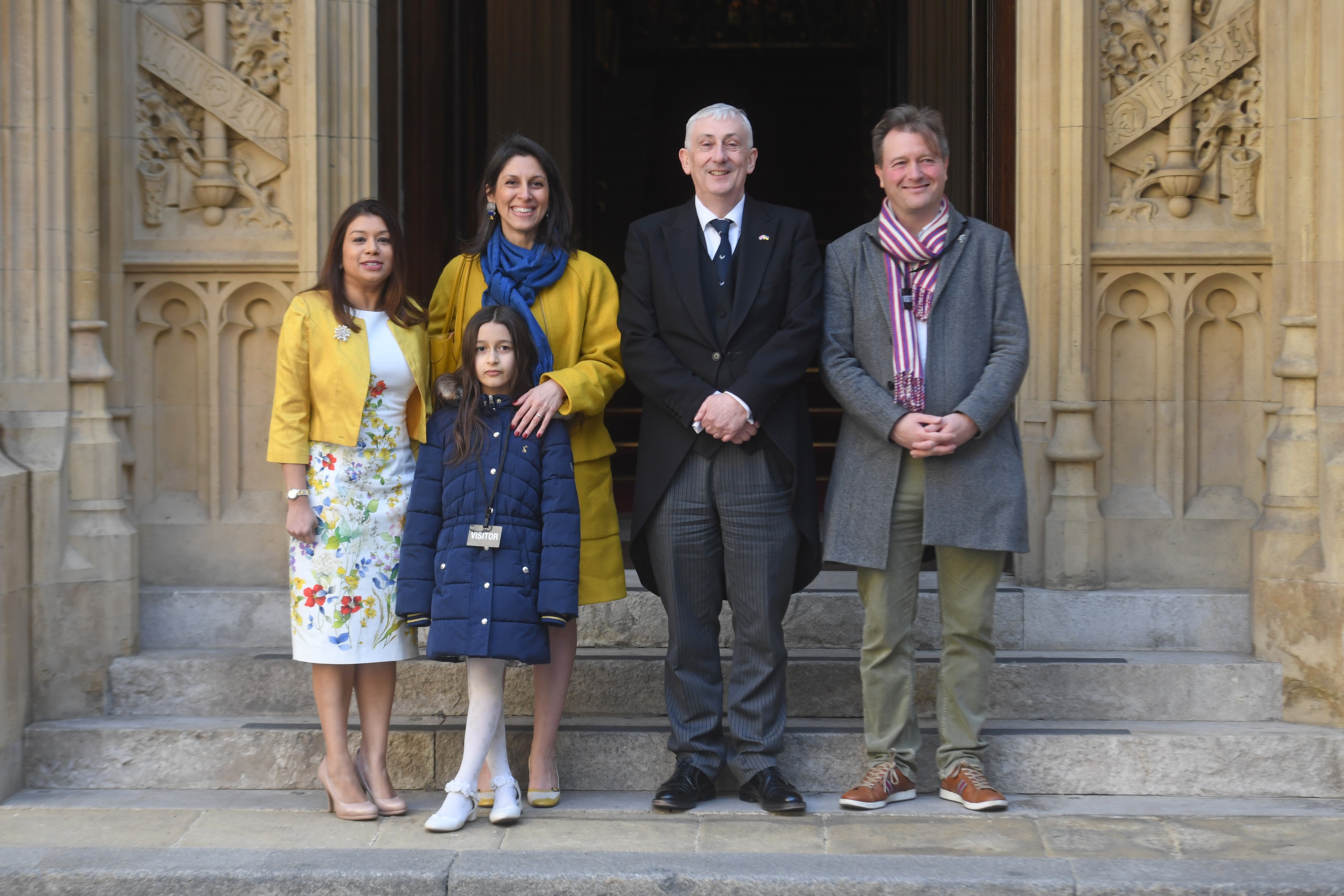 Nazanin Zaghari-Ratcliffe, Richard Ratcliffe and their daughter Gabriella with Commons Speaker Sir Lindsay Hoyle (centre) and MP Tulip Siddiq (left) at the Palace of Westminster, London (UK Parliament/Jessica Taylor/PA)